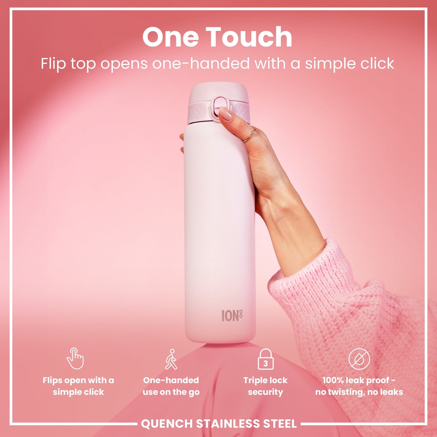 Pink water bottle held by a hand with text on a pink background