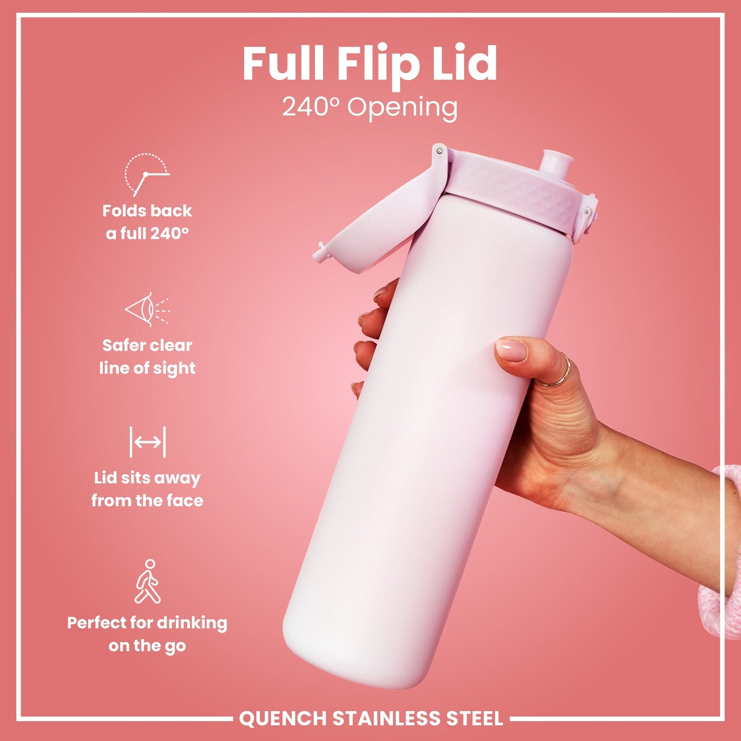 Pink water bottle with a full flip lid on a pink background