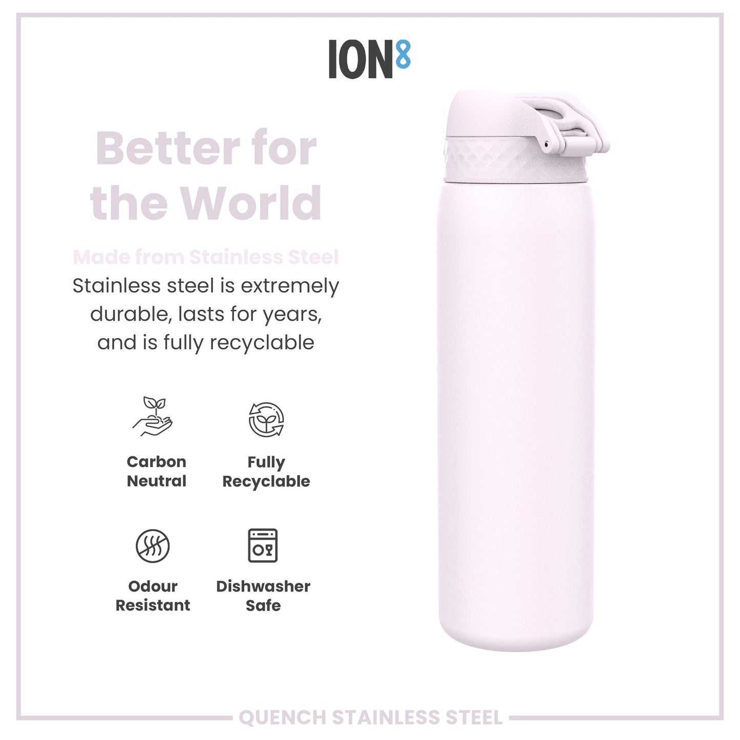 Pink stainless steel water bottle with environmental benefits text on a white background