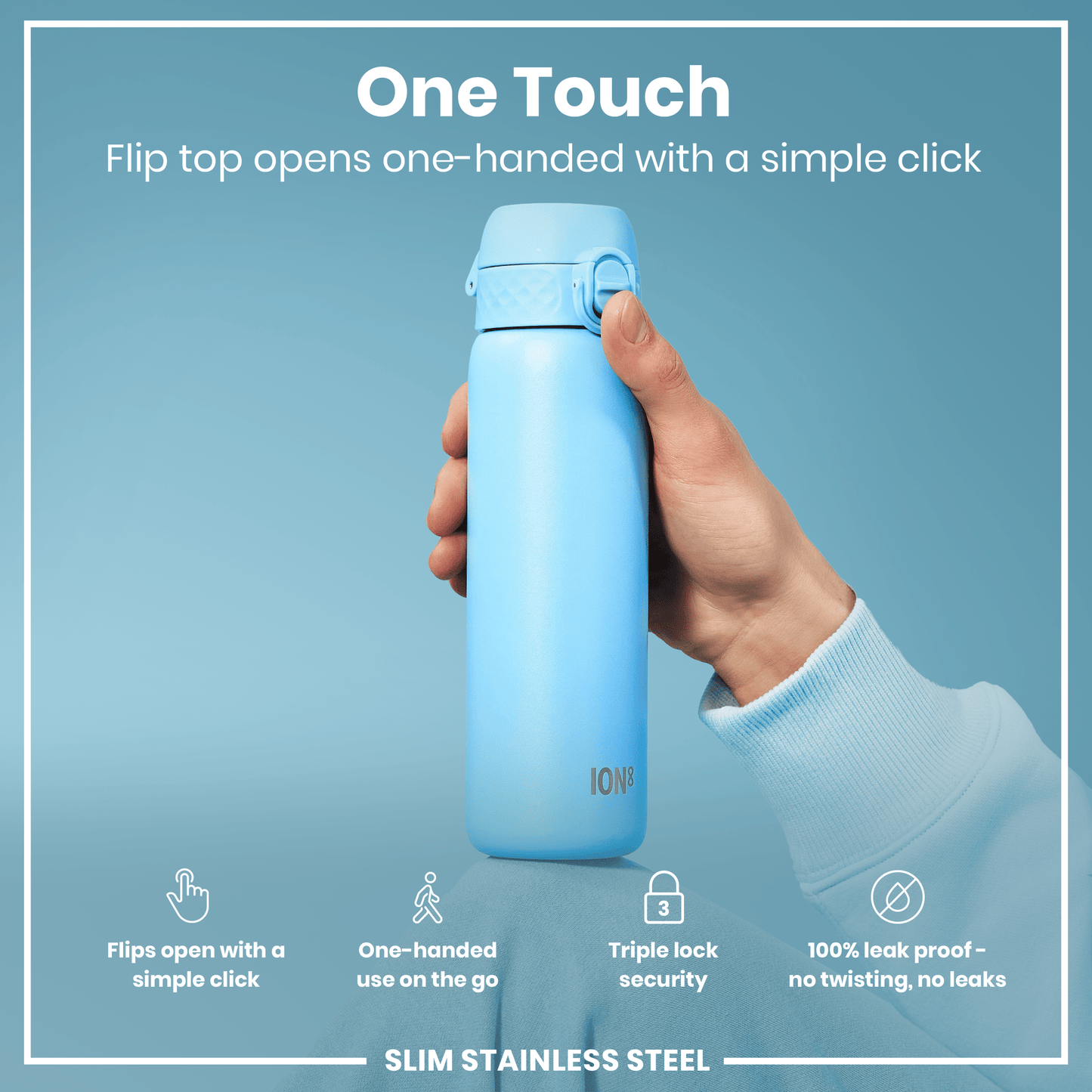Blue water bottle held by a hand with text highlighting features on a blue background