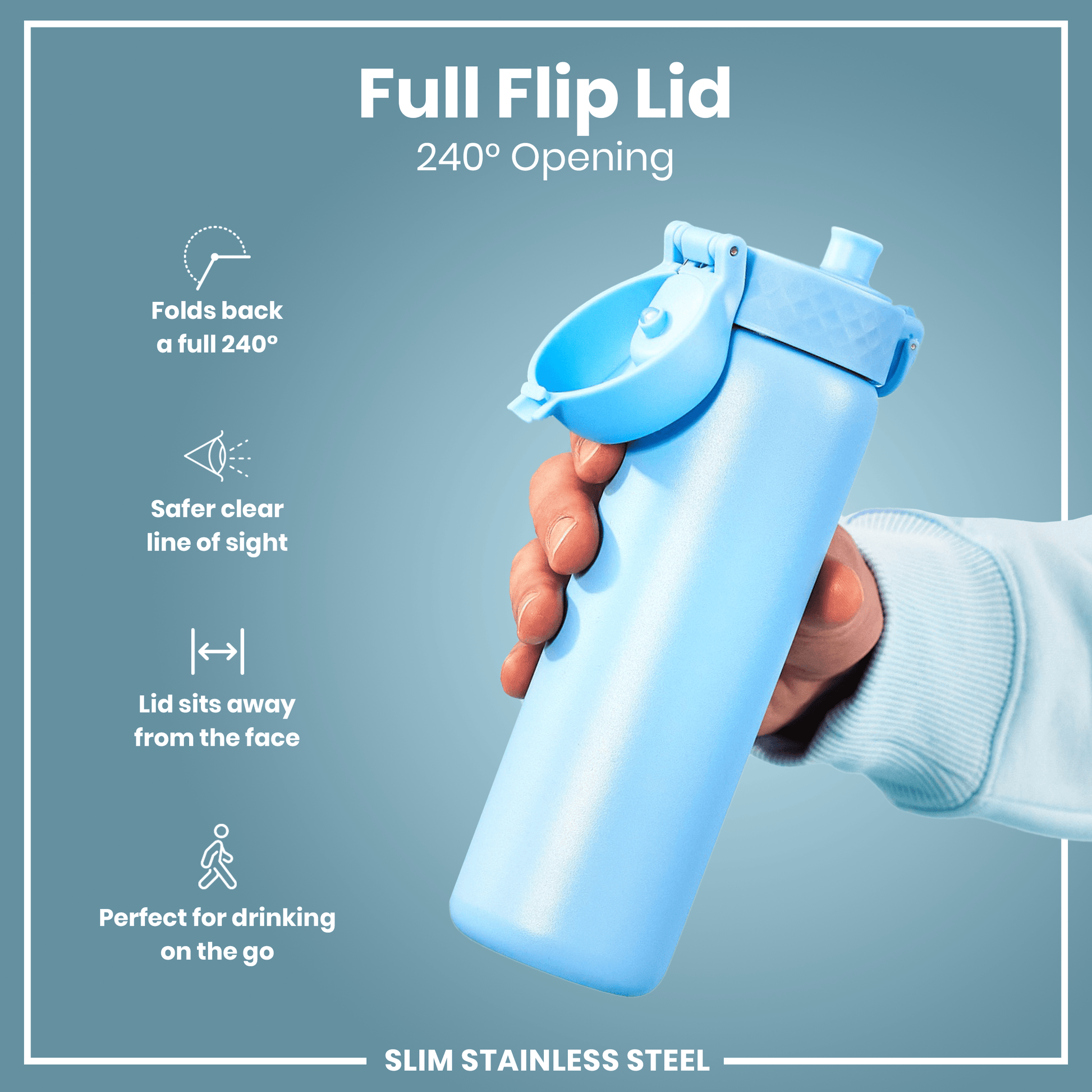 Blue water bottle with a full flip lid held by a hand on a light blue background