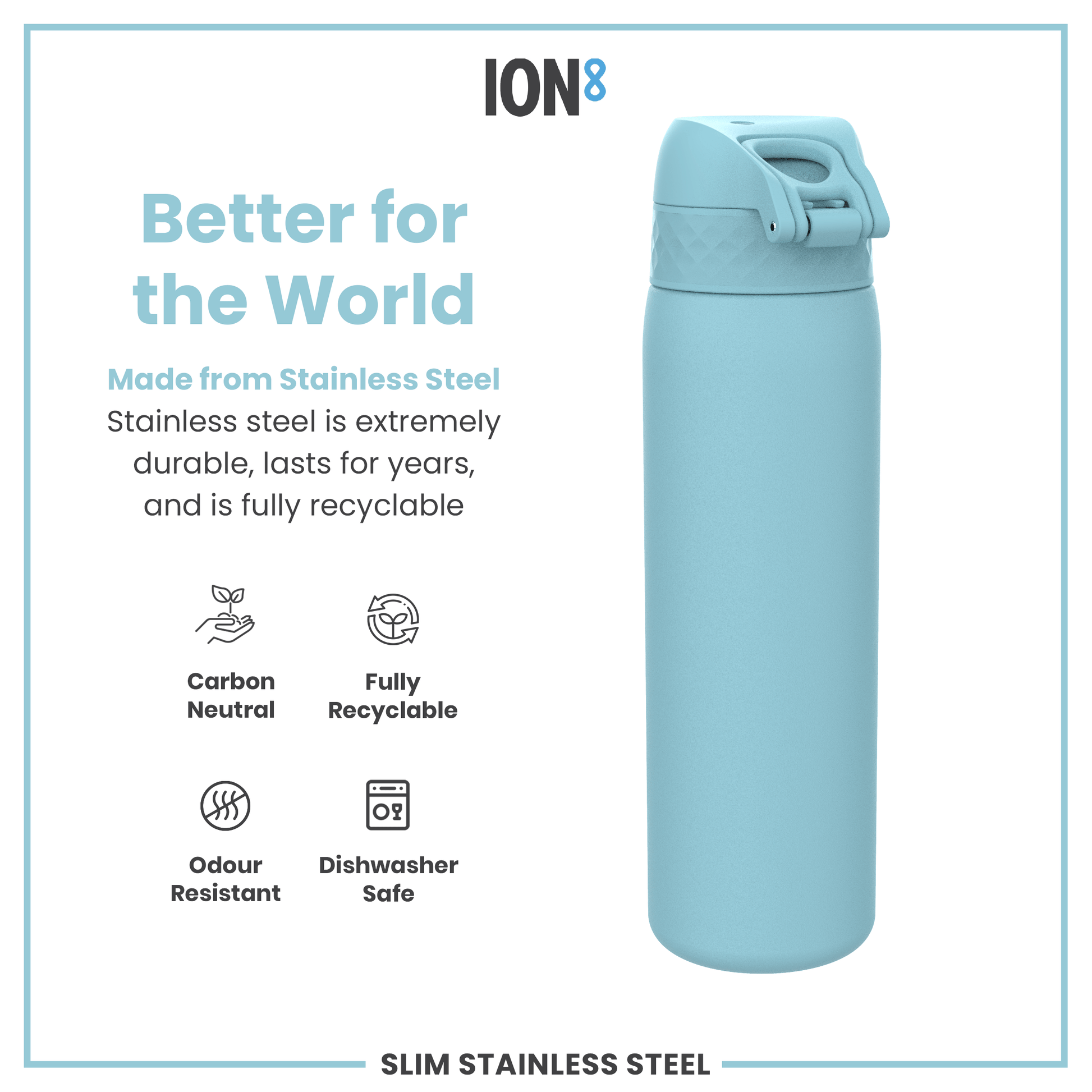 Blue stainless steel water bottle with ION8 branding and sustainability features on a white background