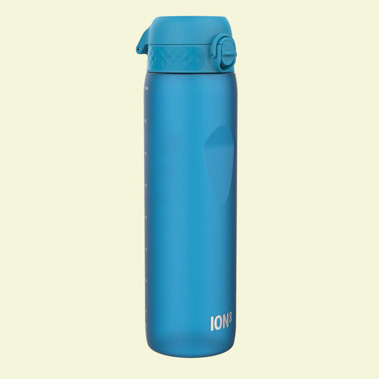 Blue water bottle with a lid on a white background
