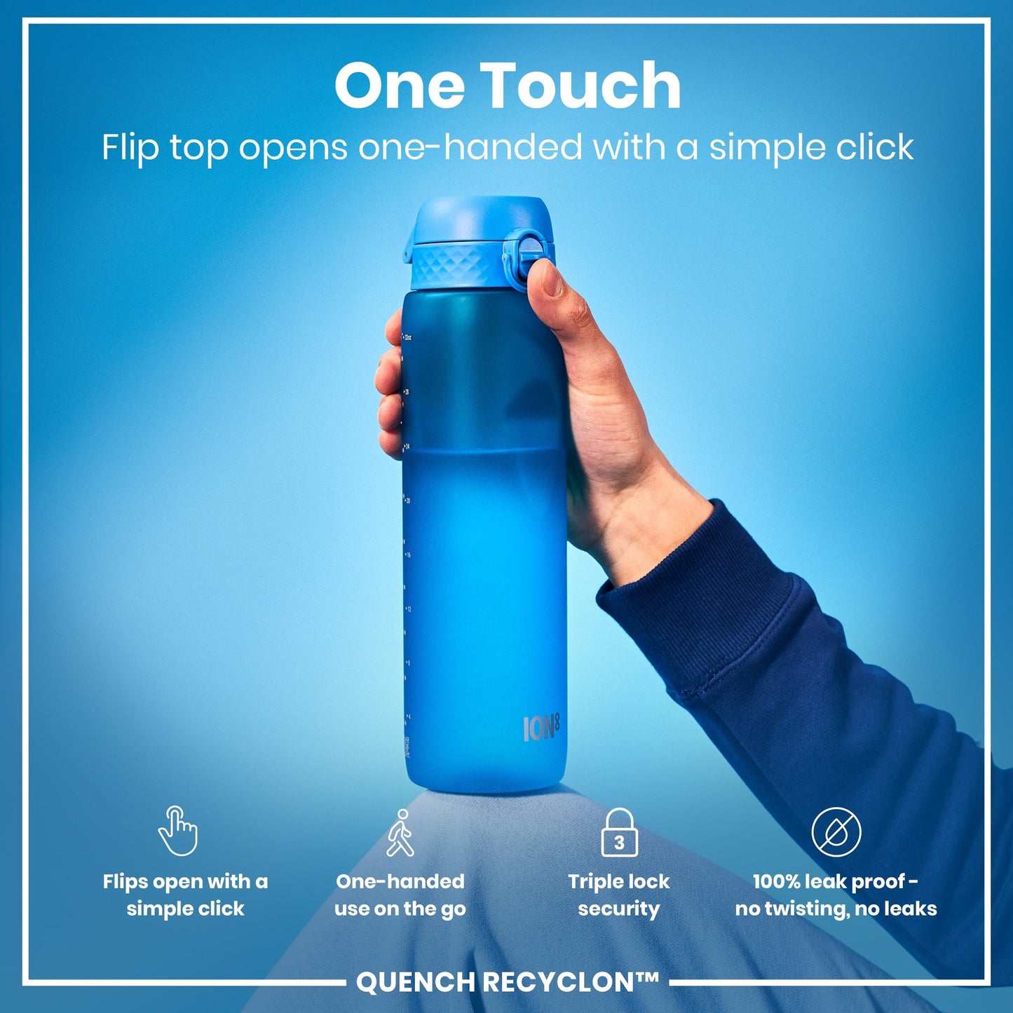 Blue water bottle held by a hand with text highlighting features on a blue background