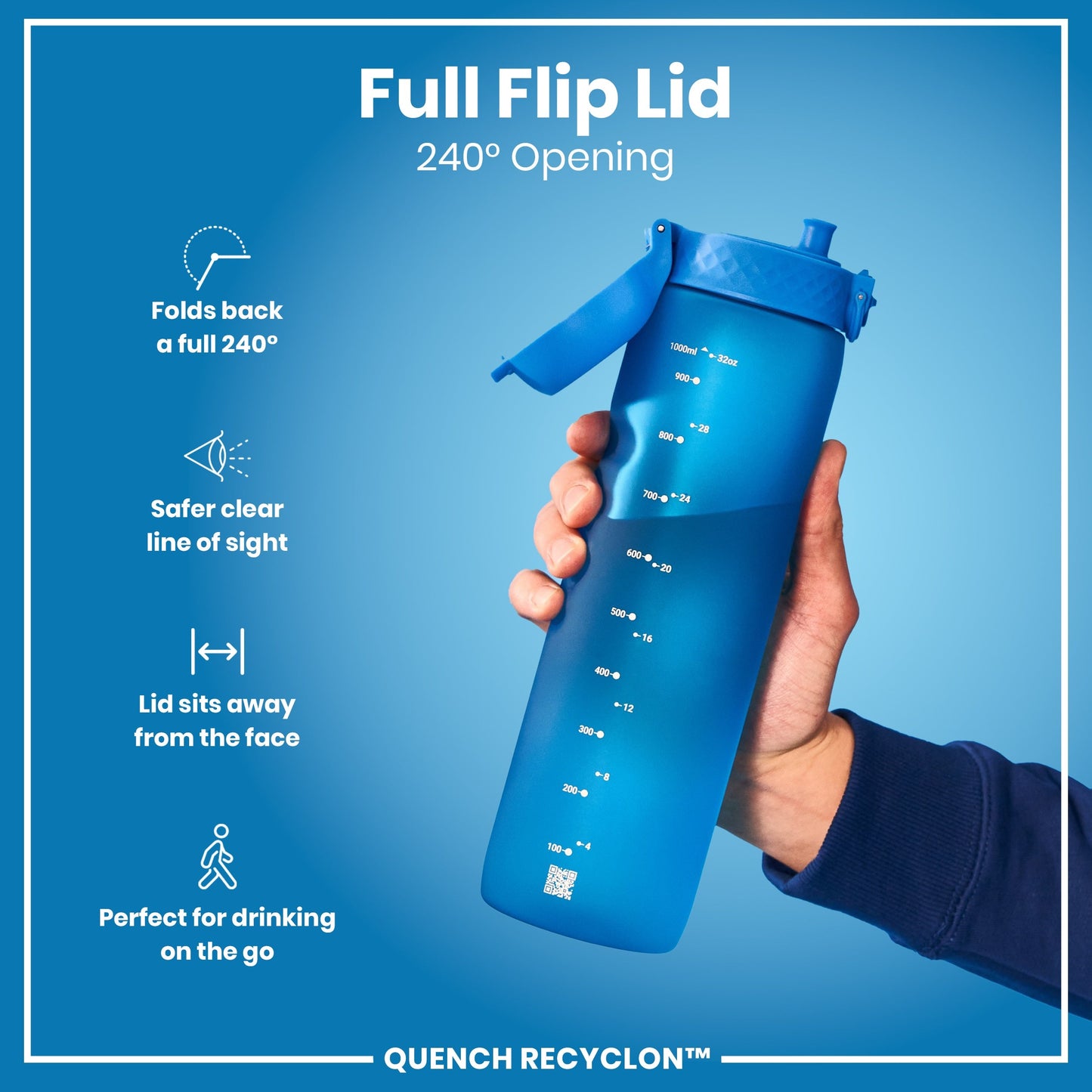 Blue water bottle with a full flip lid held by a hand on a blue background