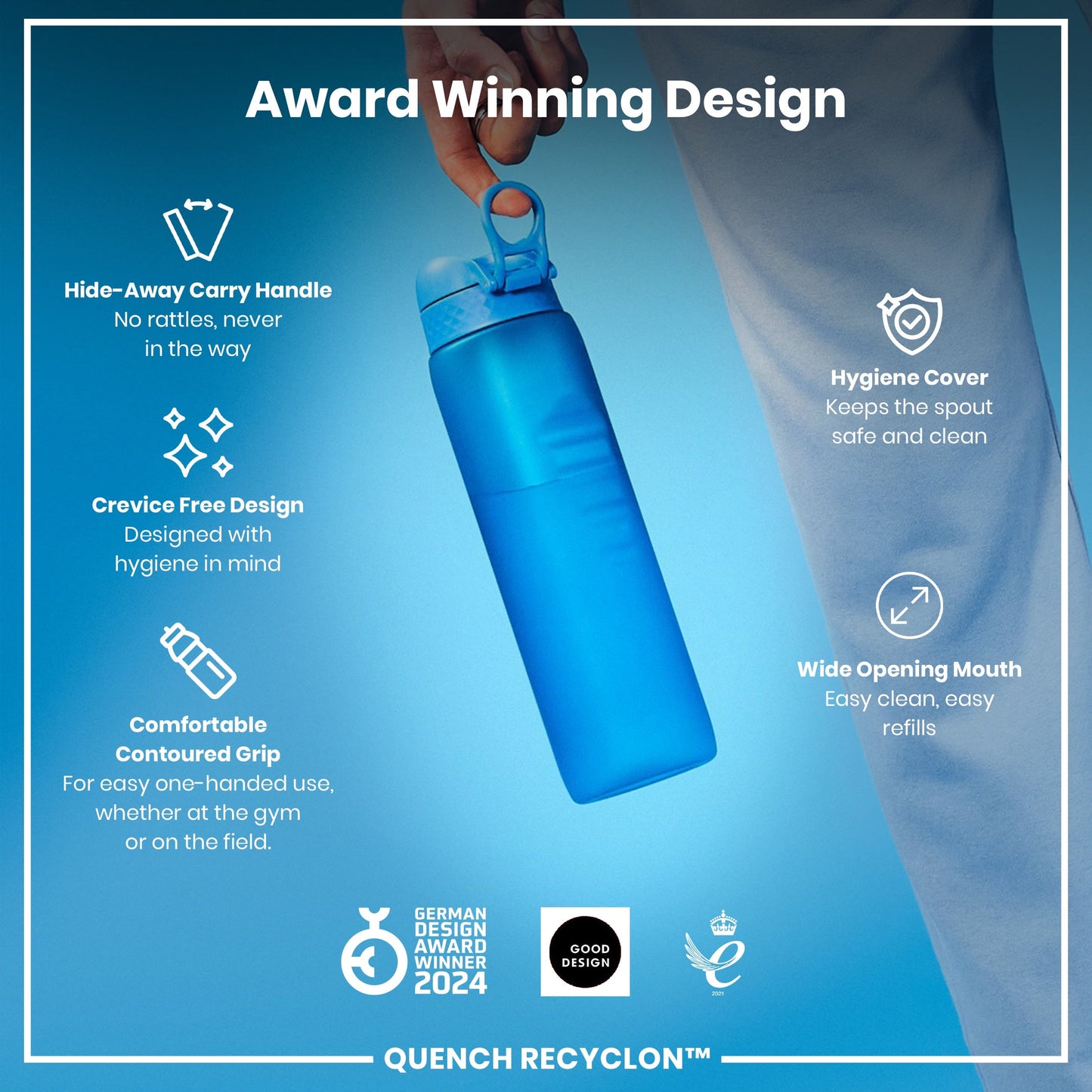 Blue water bottle with features listed on a blue background
