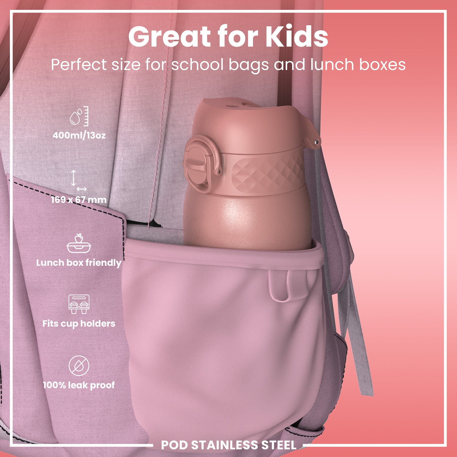 Pink water bottle in a backpack with product features listed on a pink background