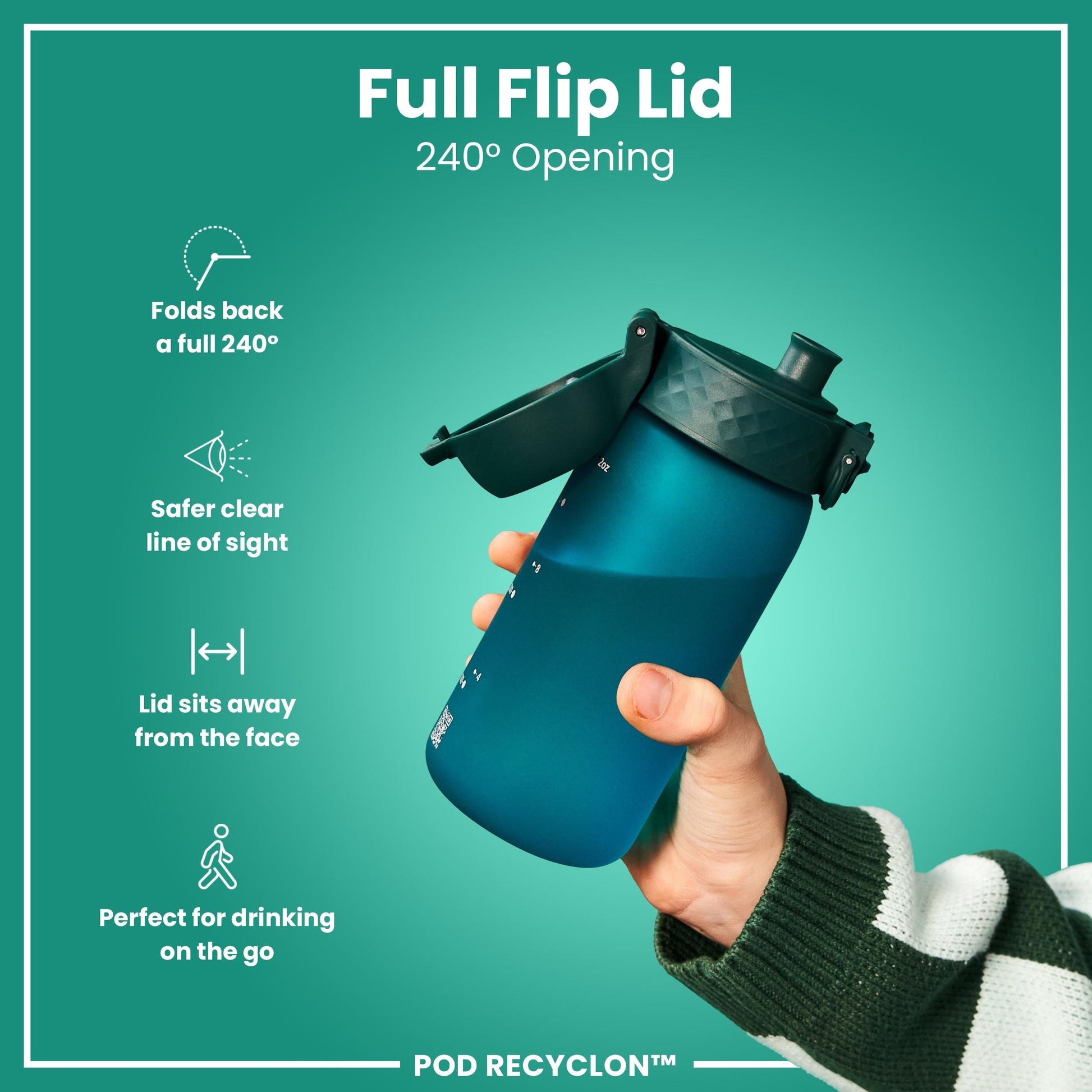 Blue water bottle with a full flip lid held by a hand on a green background, featuring text about the lid's features.