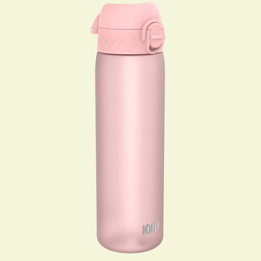 Pink water bottle with a cap on a white background
