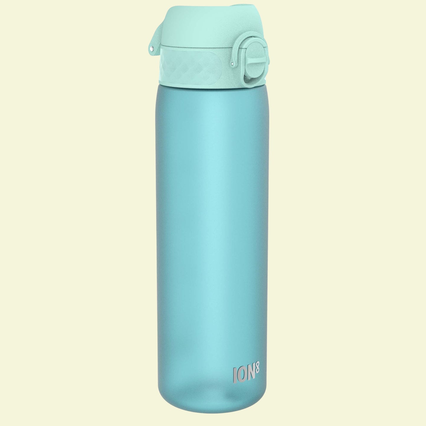 Teal water bottle with a lid on a white background