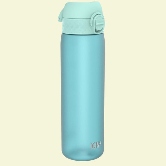 Teal water bottle with a lid on a white background