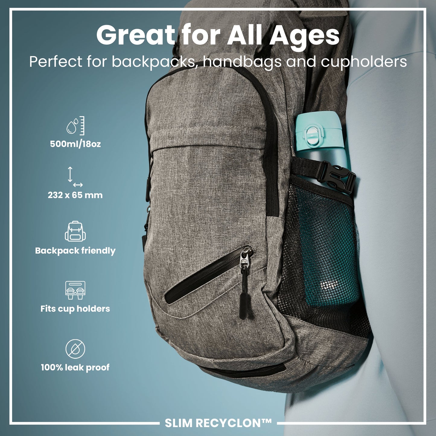 Gray backpack with a water bottle holder on a light blue background, featuring product details.