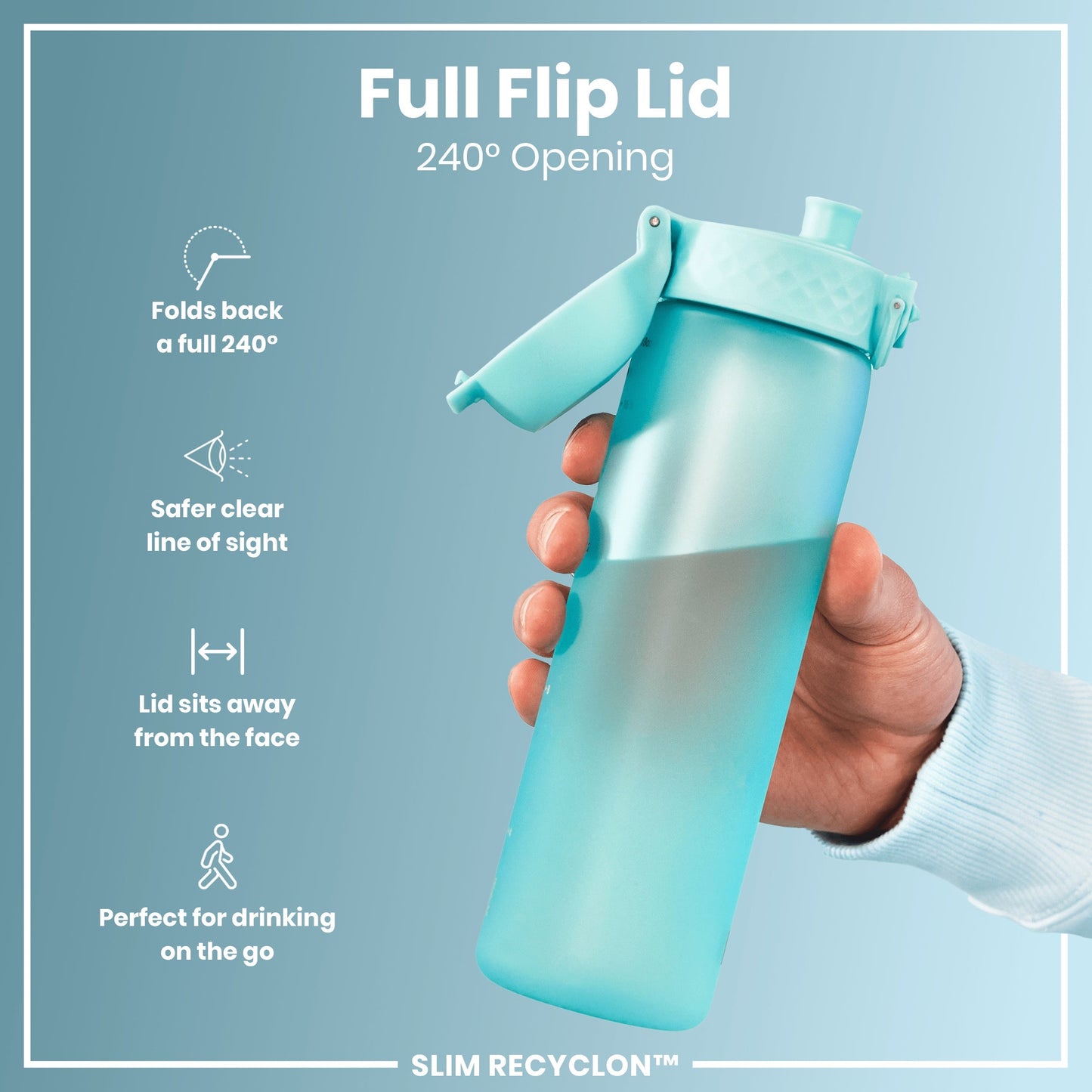 Turquoise water bottle with a full flip lid held by a hand against a light blue background