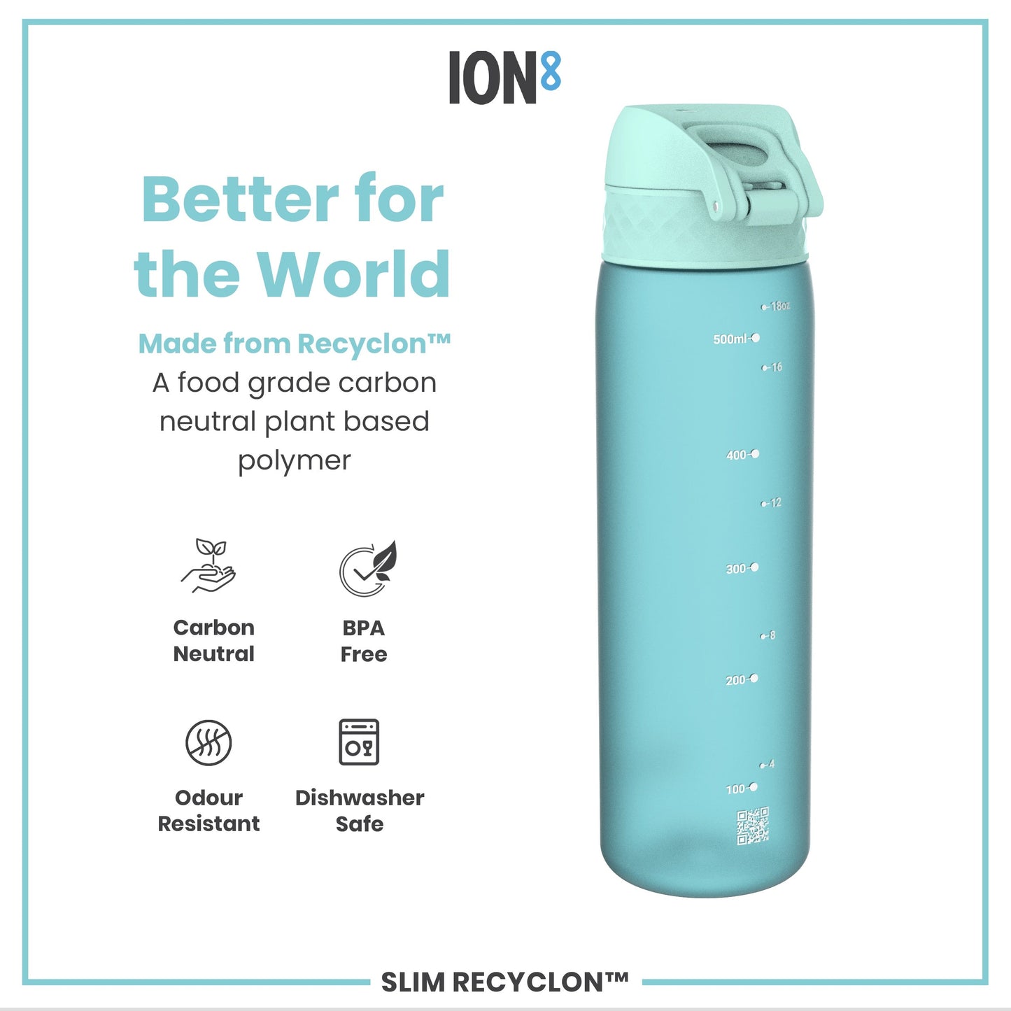 Teal water bottle with 'ION8' branding and sustainability features on a white background