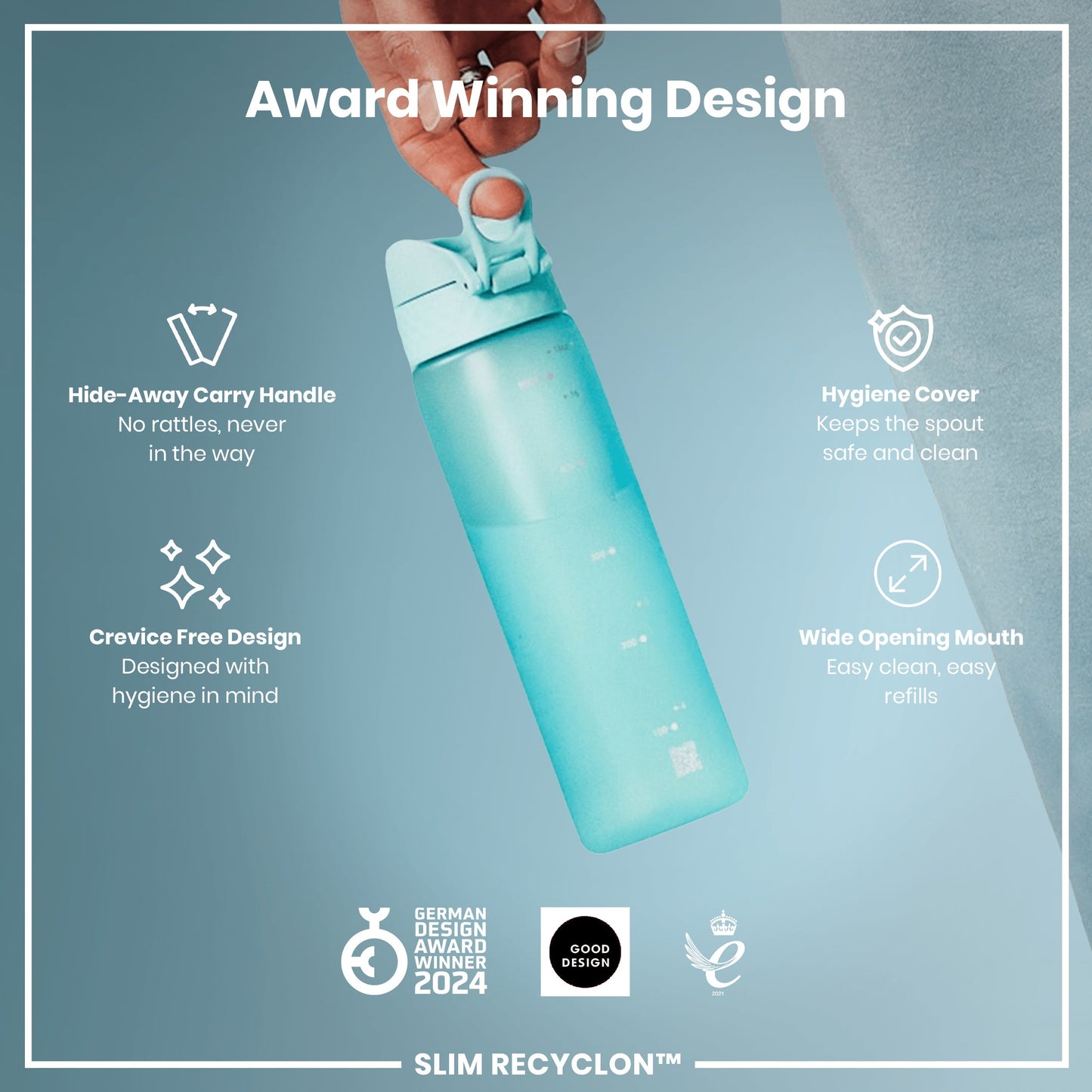 Blue water bottle with features highlighted on a light blue background