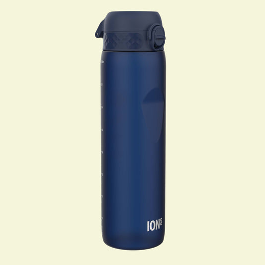 Blue insulated bottle with a lid on a white background