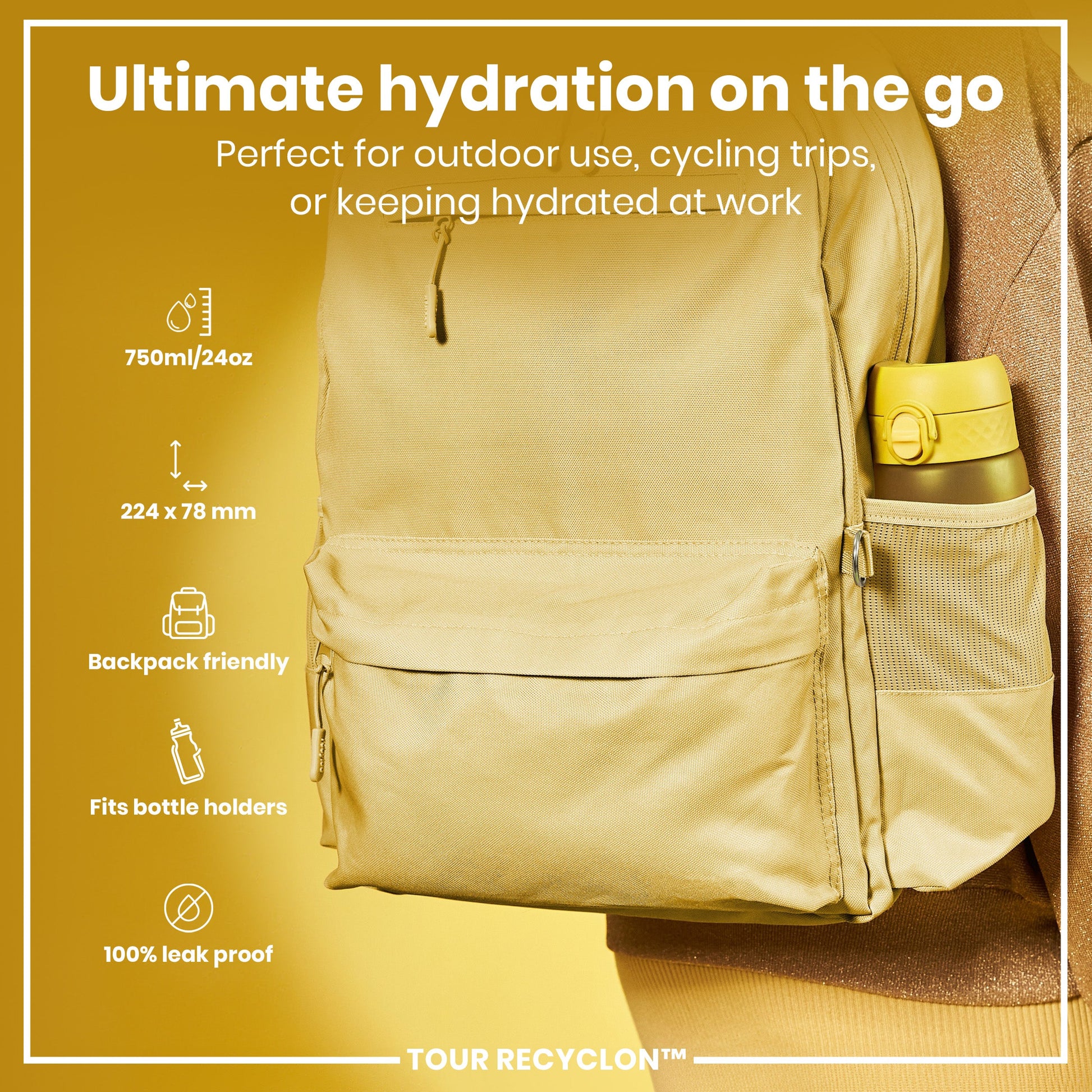 Beige backpack with a water bottle holder on a yellow background, featuring text about hydration and product features.