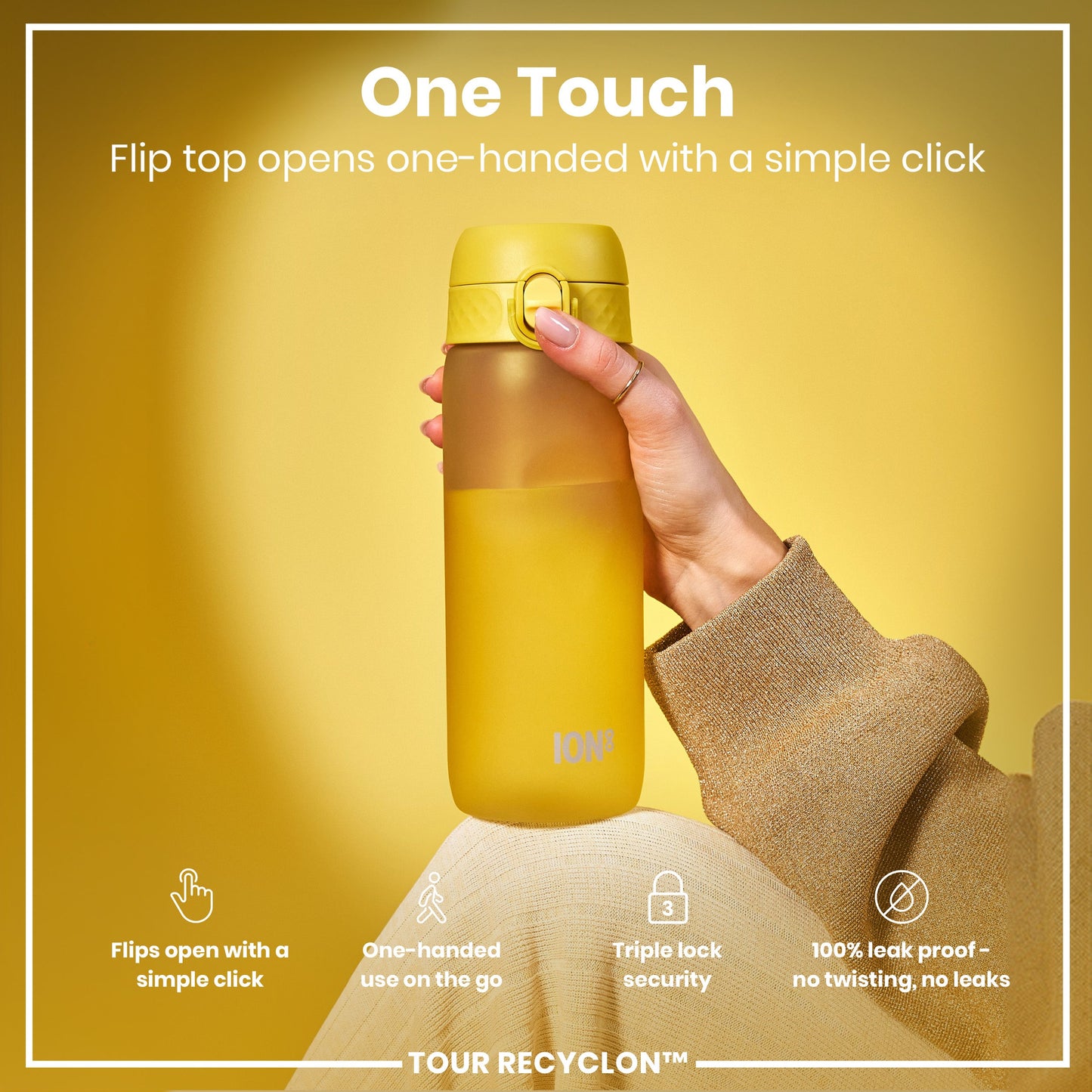 Yellow water bottle with flip top held by a hand on a yellow background, featuring text about bottle features.