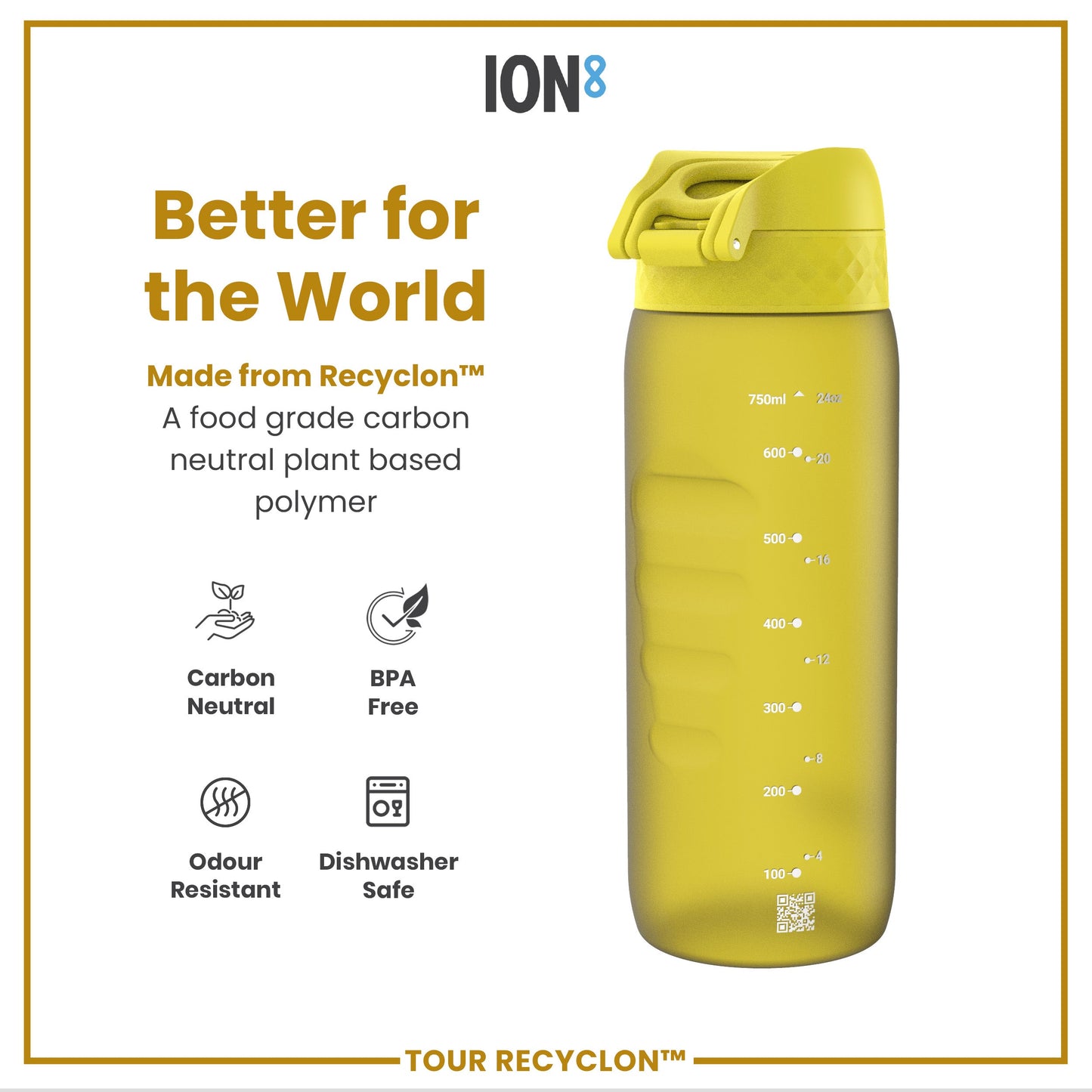 Yellow water bottle with 'ION8' branding and sustainability features on a white background
