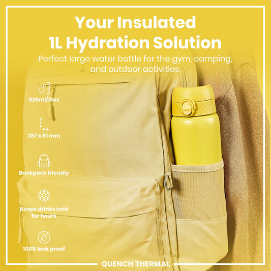 Yellow insulated hydration bottle in a backpack with product features listed.