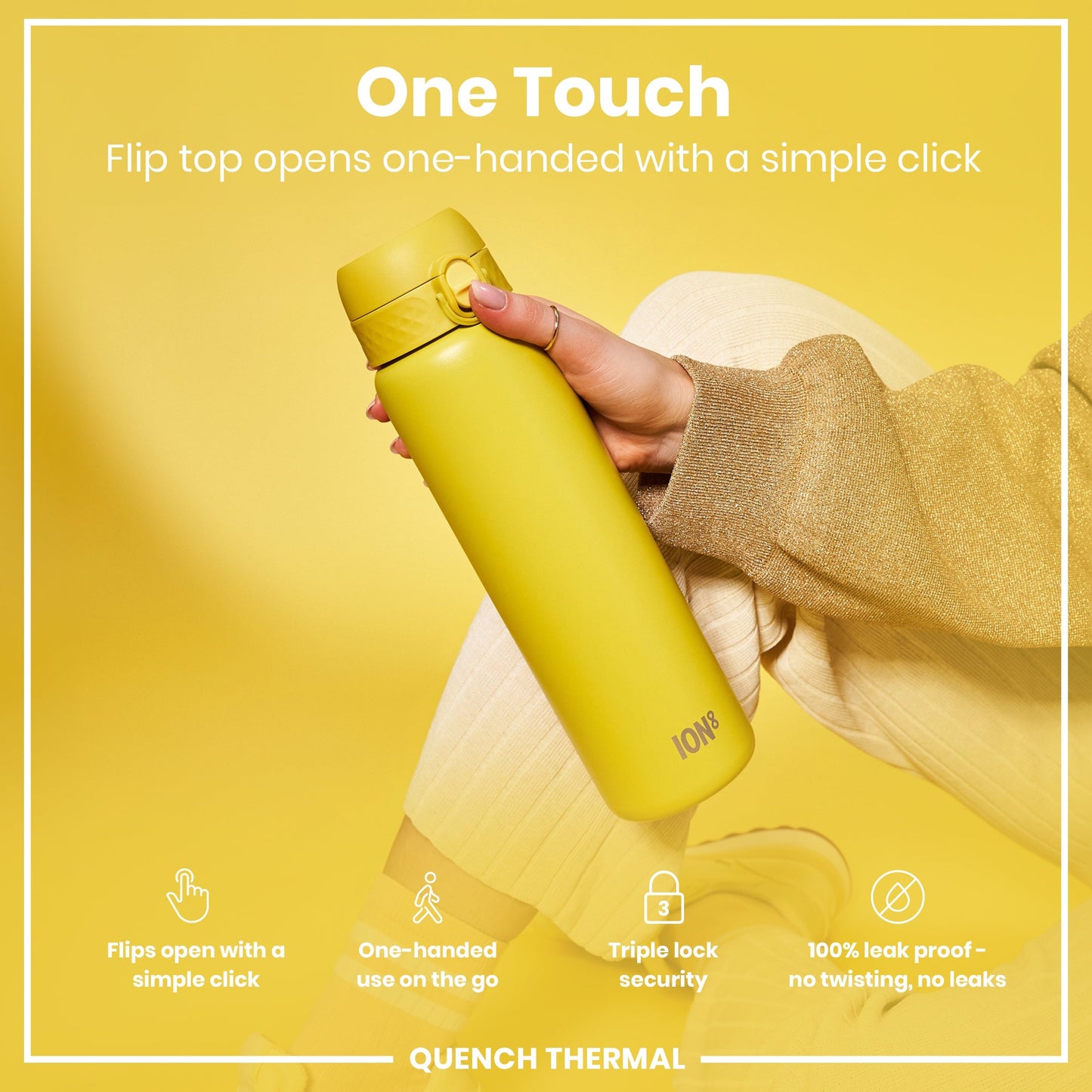 Yellow water bottle held by a hand with text highlighting features on a yellow background