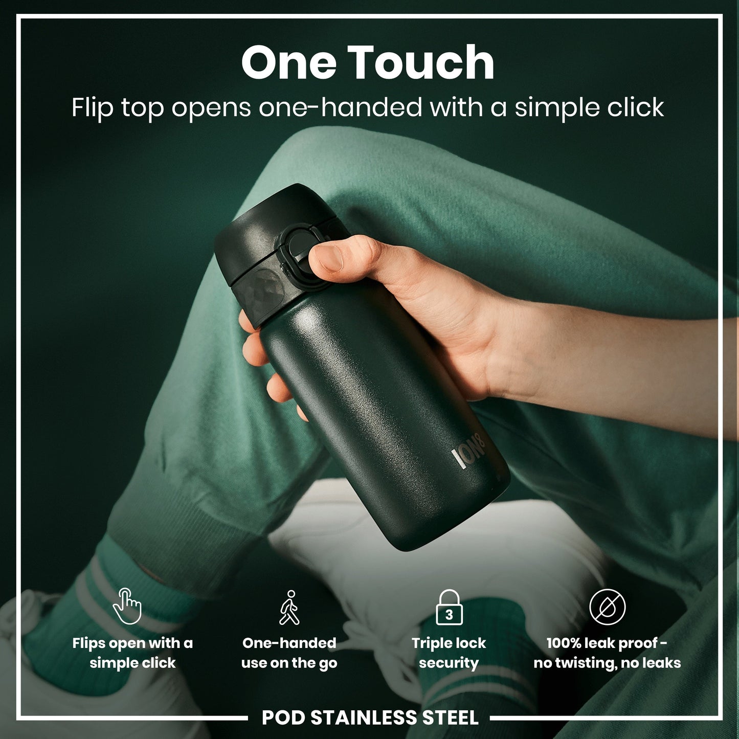 Person holding a black water bottle with text highlighting features on a dark background