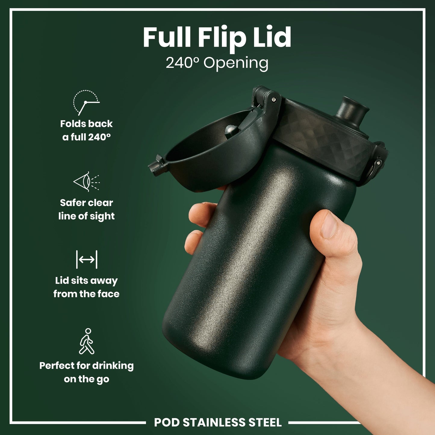 Black water bottle with a full flip lid held by a hand on a green background
