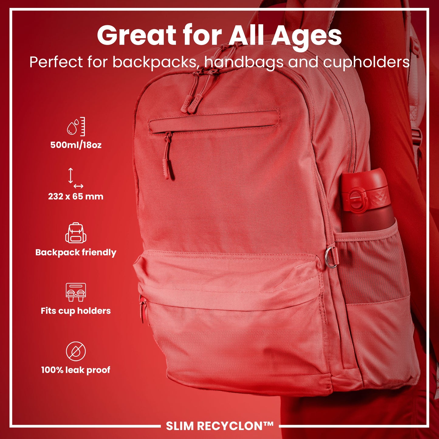 Red backpack with features listed on a red background