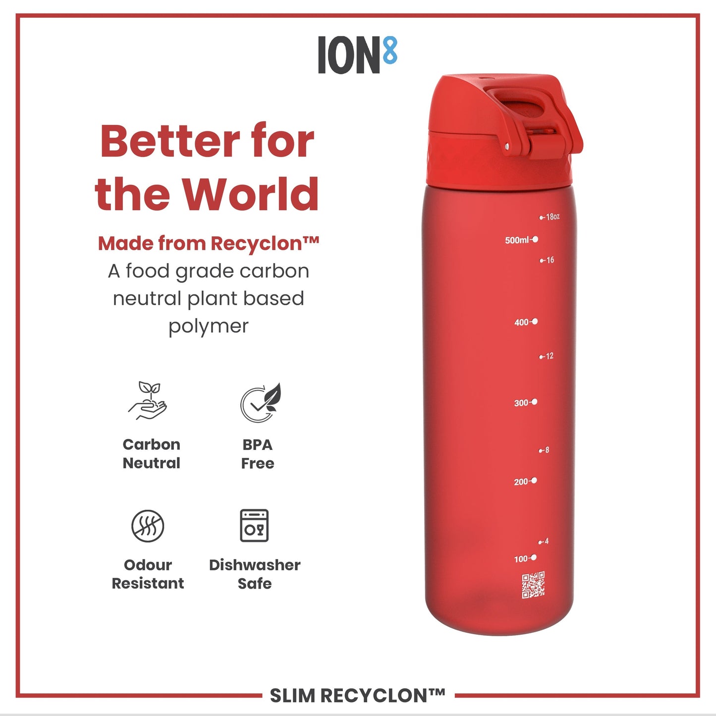 Red water bottle with 'ION8' branding on a white background