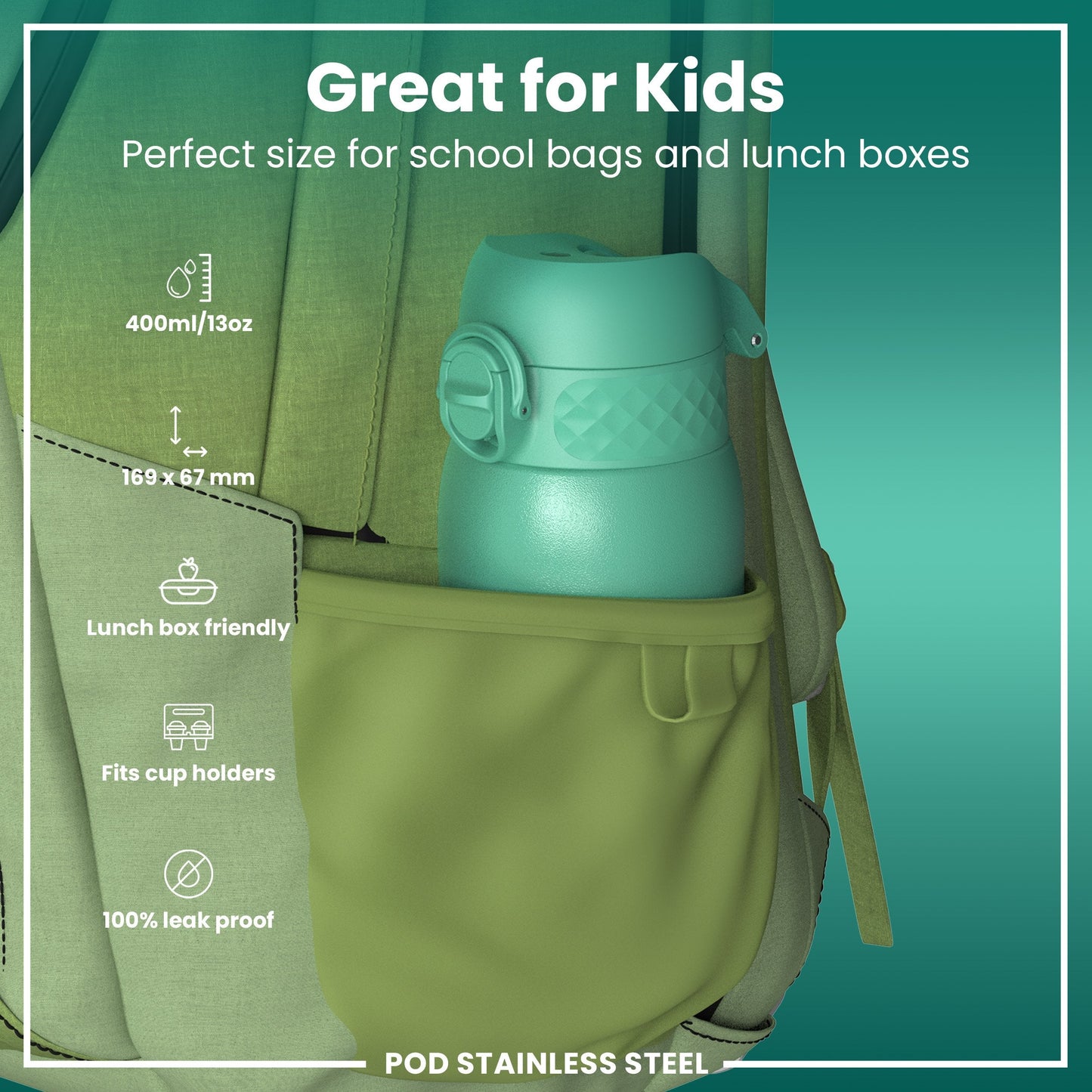 Green water bottle in a green backpack with product features highlighted on a green background