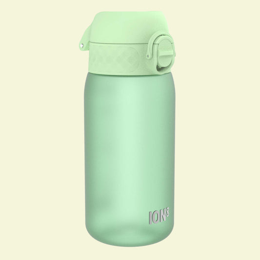 Light green water bottle with a lid on a white background