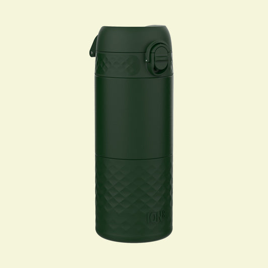 Dark green insulated mug with quilted pattern on a white background