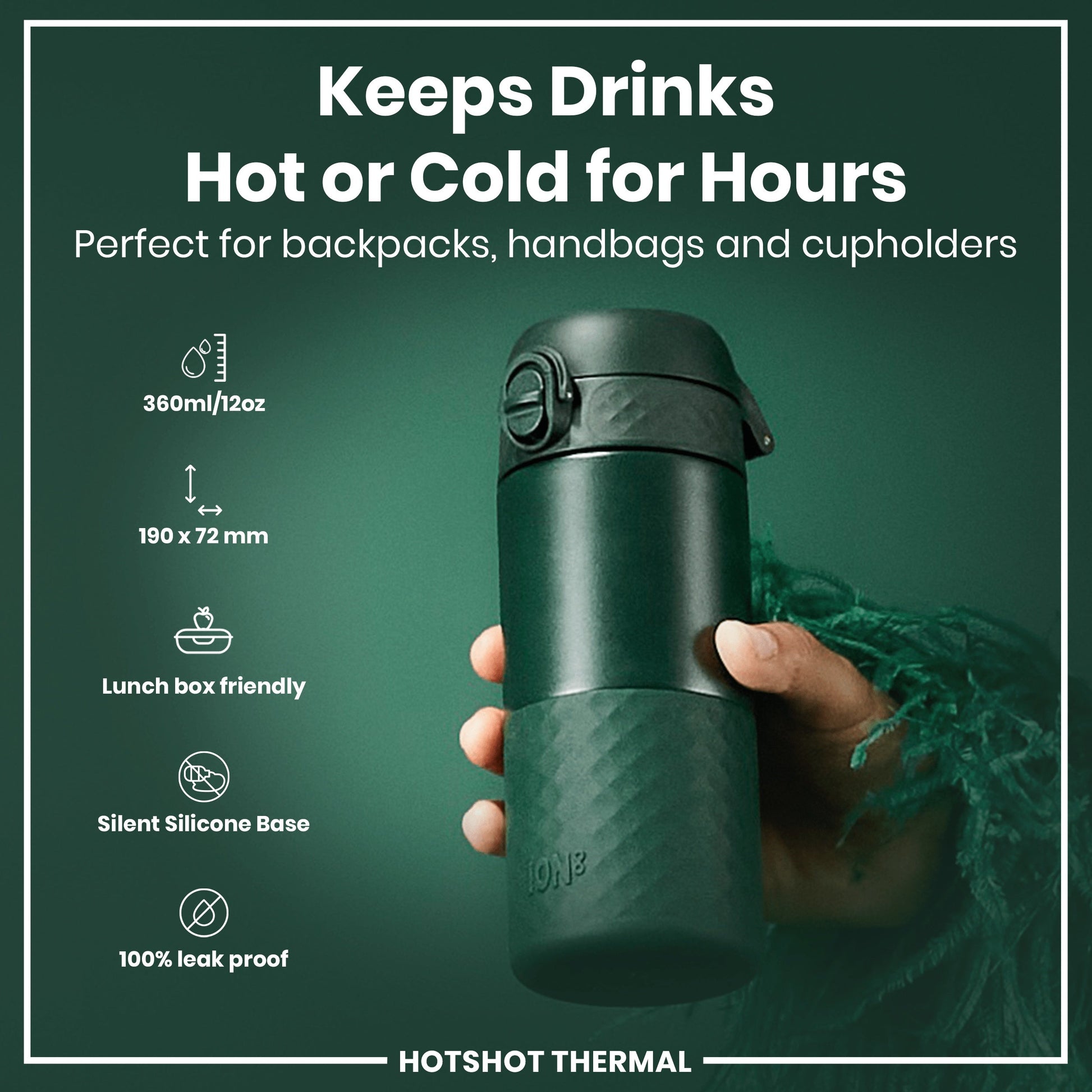 Green thermal mug held by a hand with product features listed on a green background