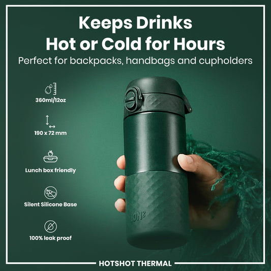 Green thermal mug held by a hand with product features listed on a green background