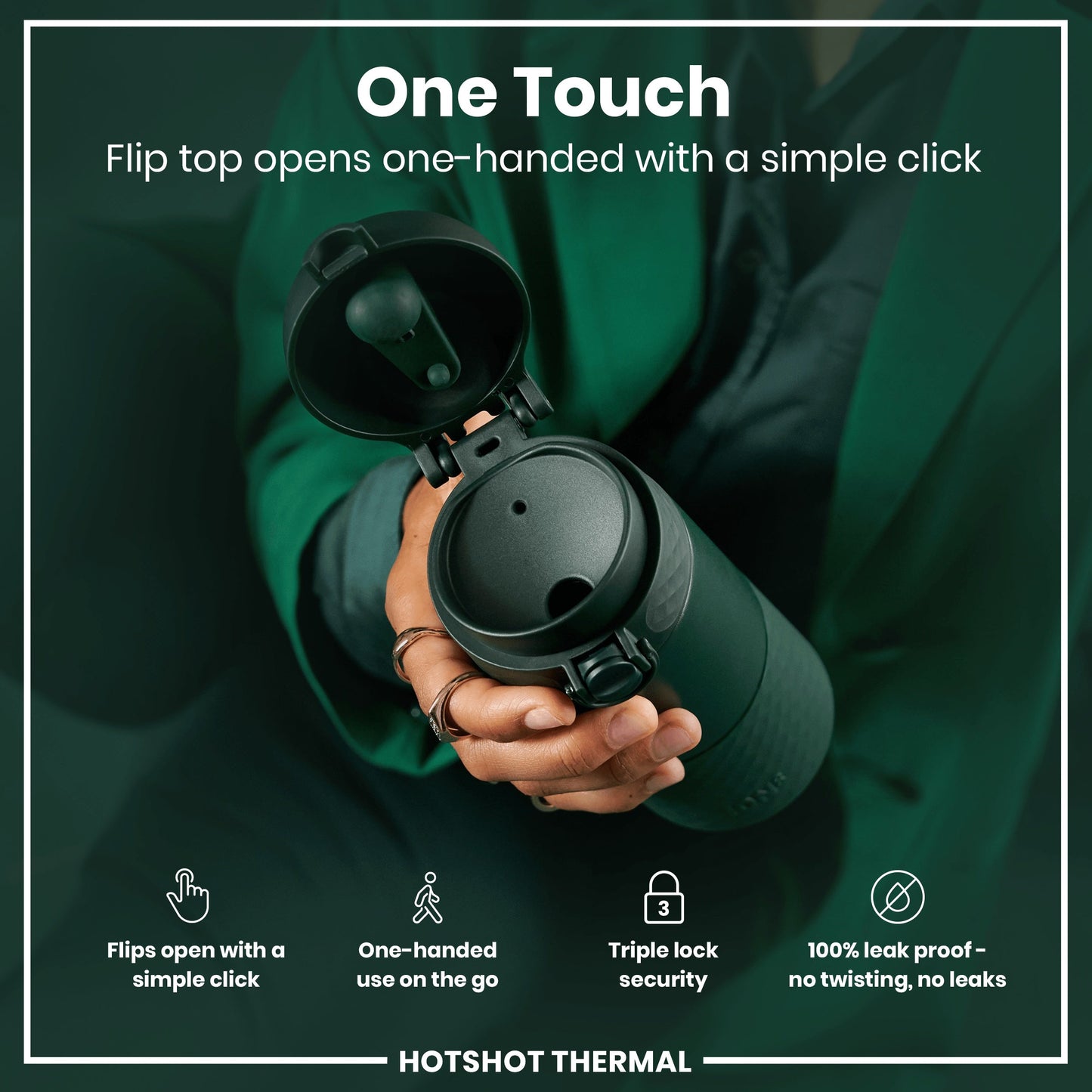Person holding a black thermos with open flip top, promotional text about features, and 'HOTSHOT THERMAL' branding.