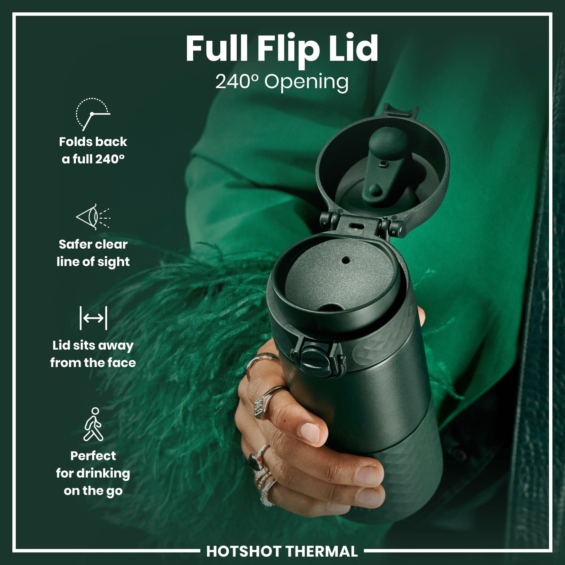Person holding a green thermos with a full flip lid, featuring text and icons about the lid's features.
