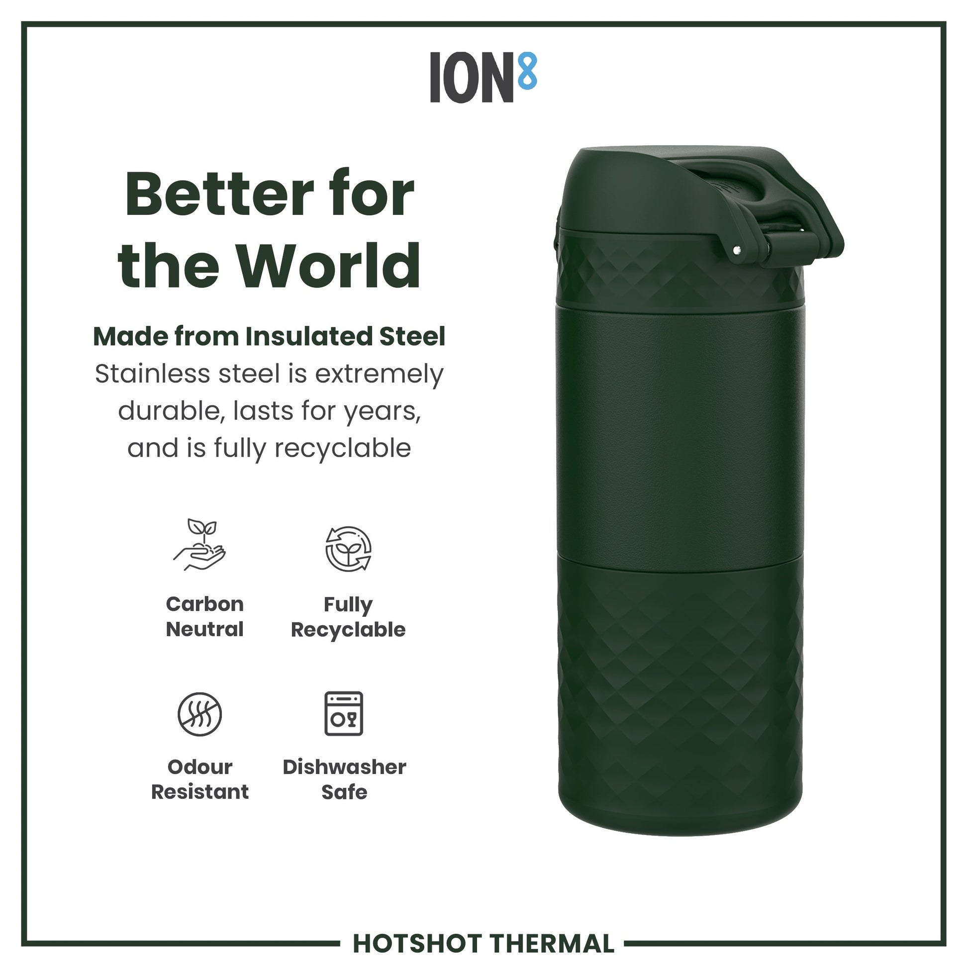 Green thermos with 'ION8' branding and sustainability features on a white background