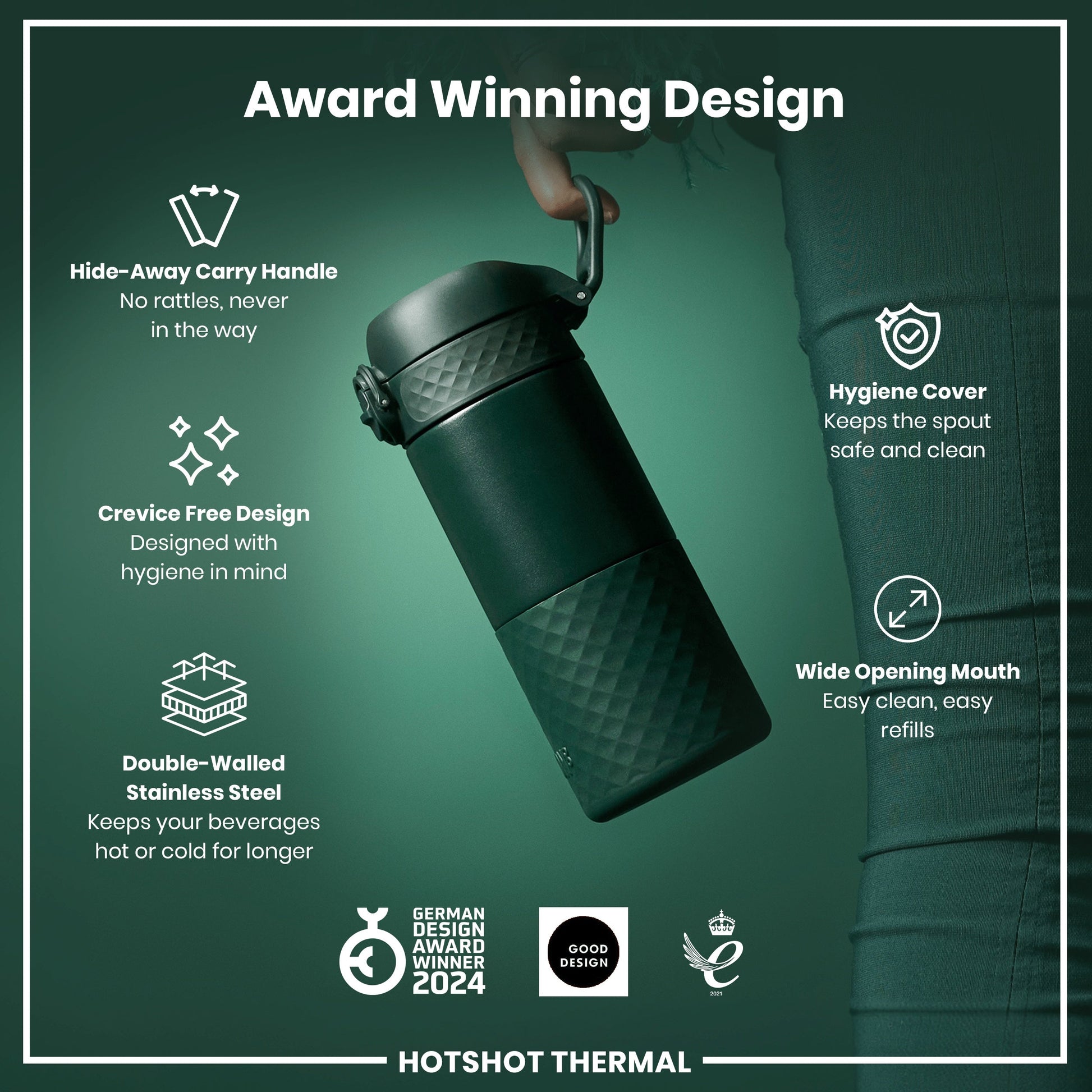 Hotshot Thermal tumbler with features highlighted on a green background