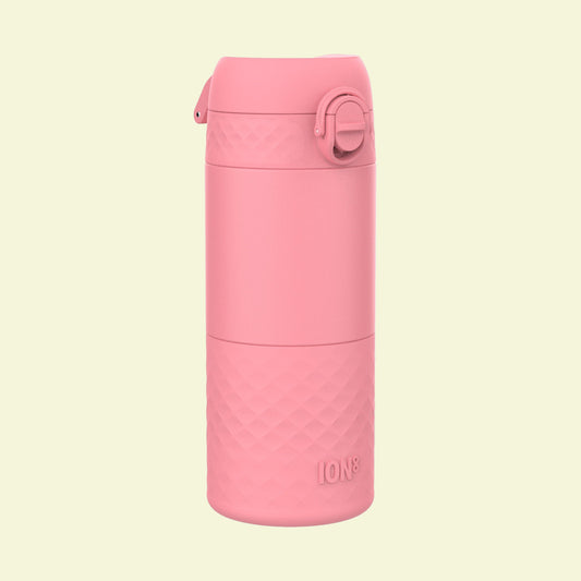 Pink insulated bottle with geometric pattern on a white background