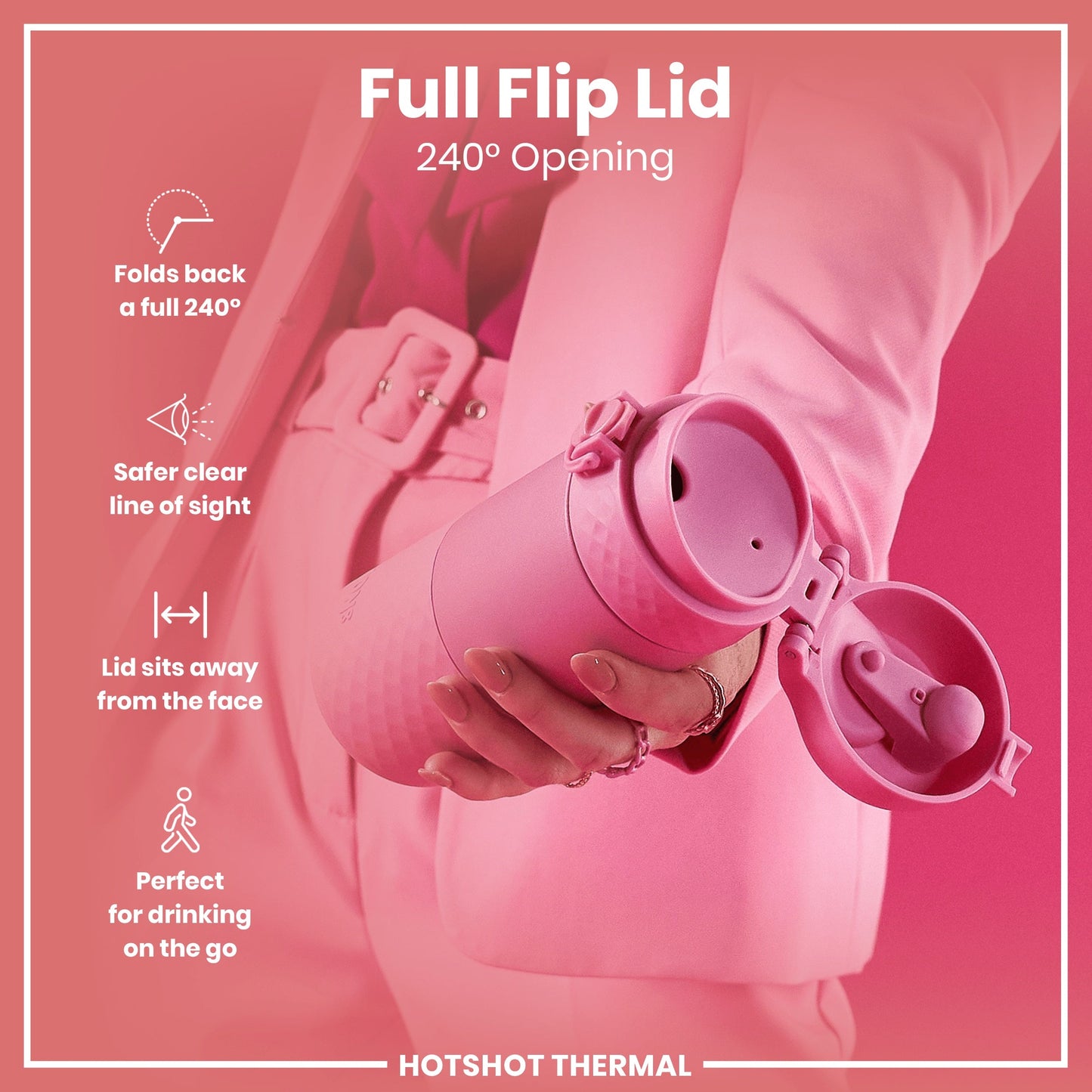 Pink water bottle with full flip lid feature on a pink background