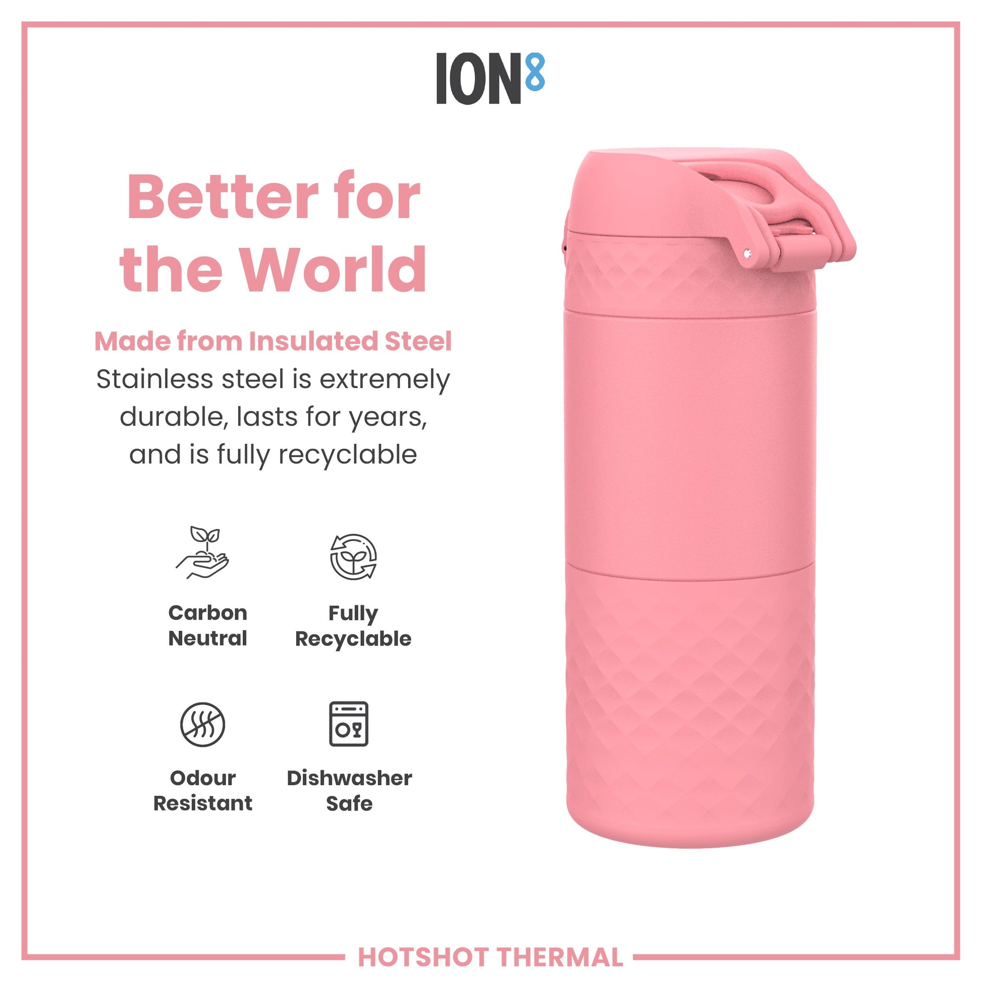 Pink thermos with 'ION8' branding and sustainability features on a white background