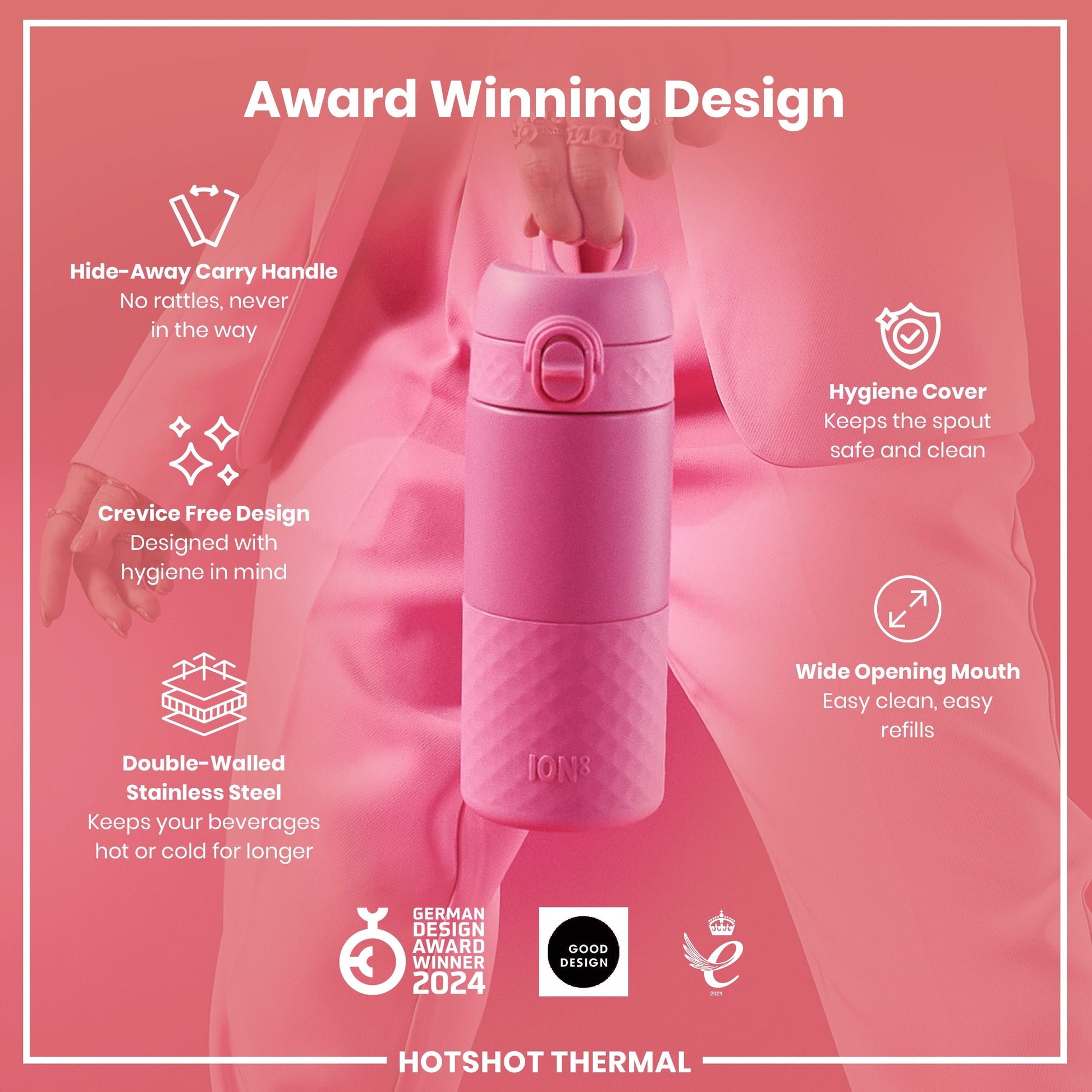 Pink thermal bottle with features highlighted on a pink background