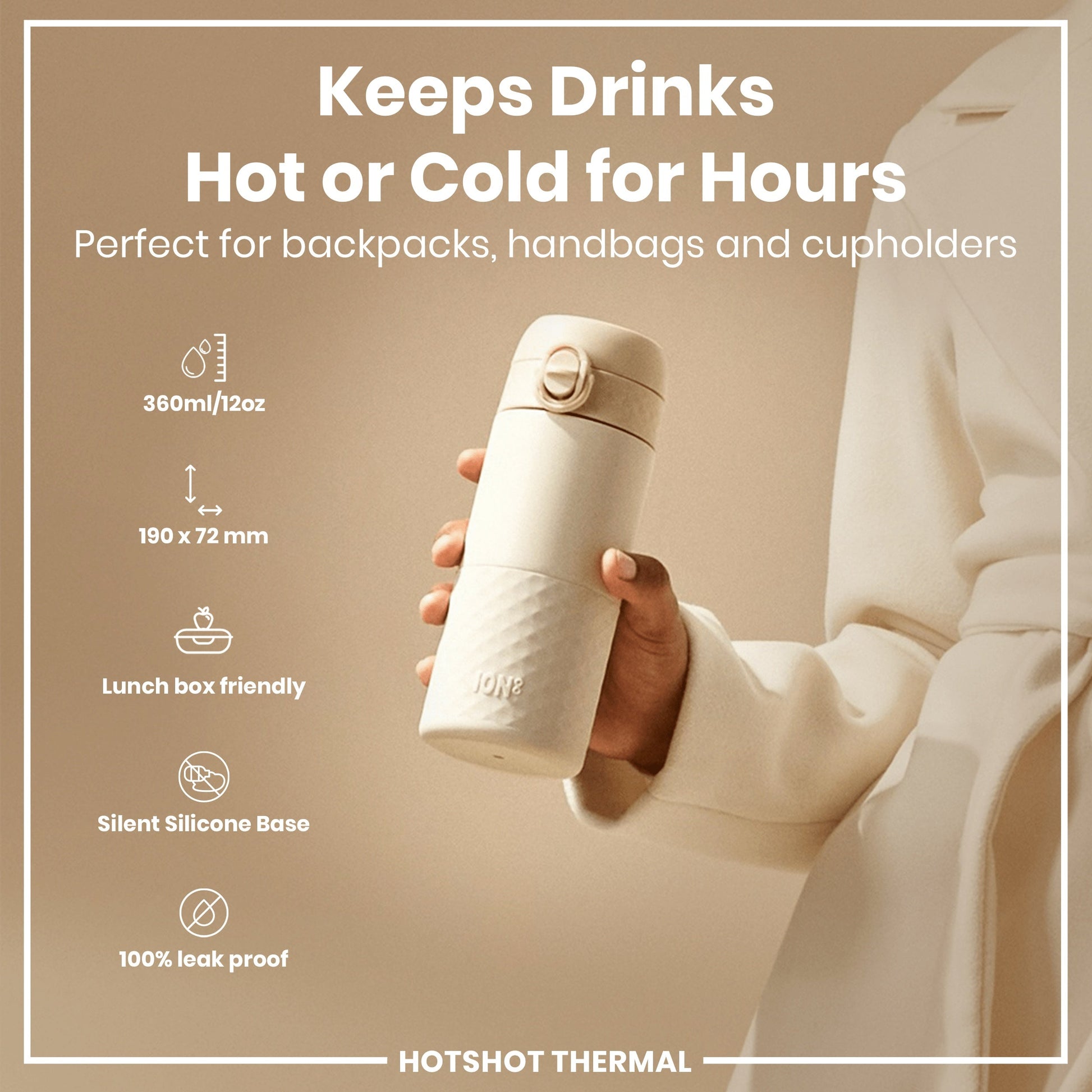 Beige thermal mug held by a person with product features listed on a beige background