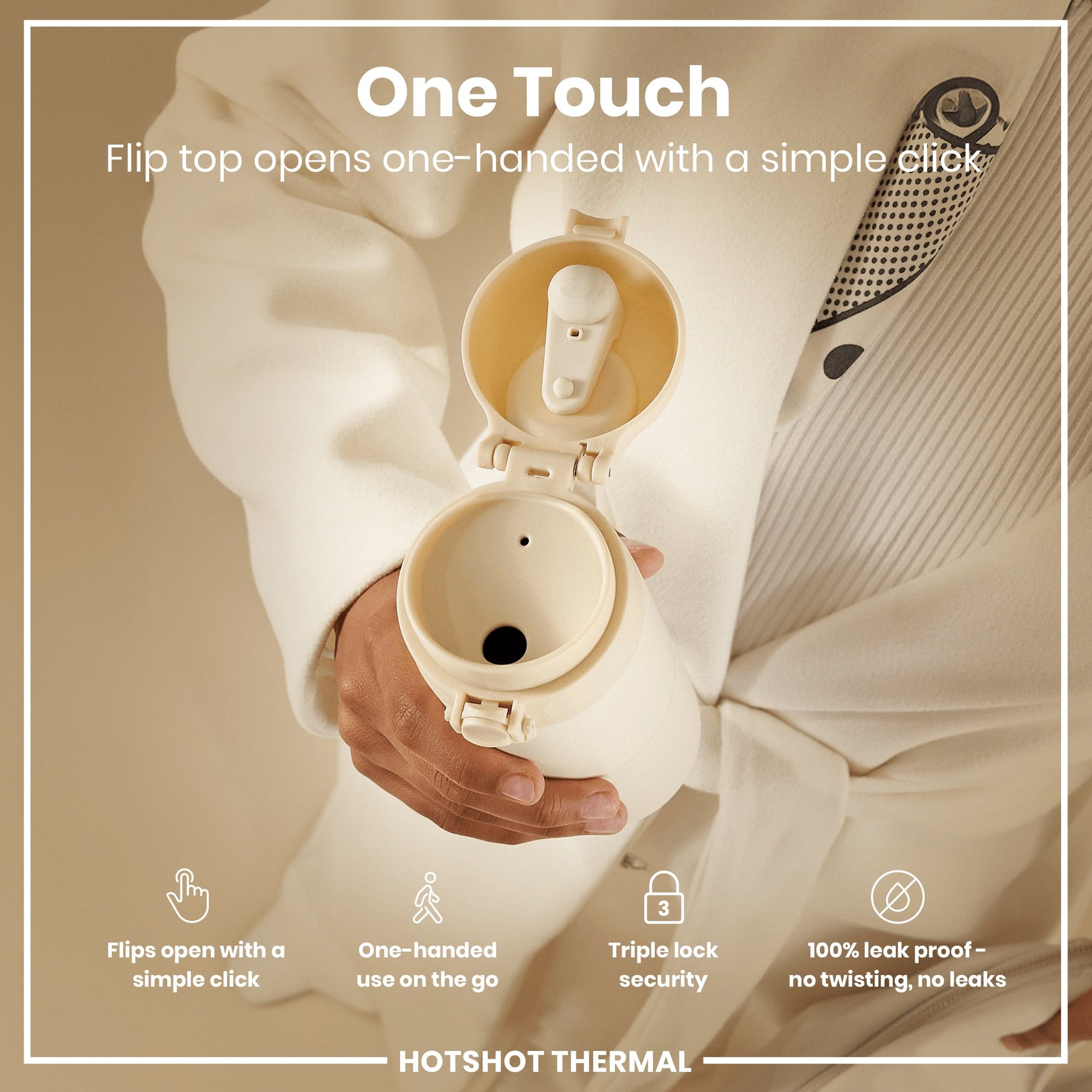 Person holding a white thermos with 'One Touch' feature highlighted, against a neutral background.