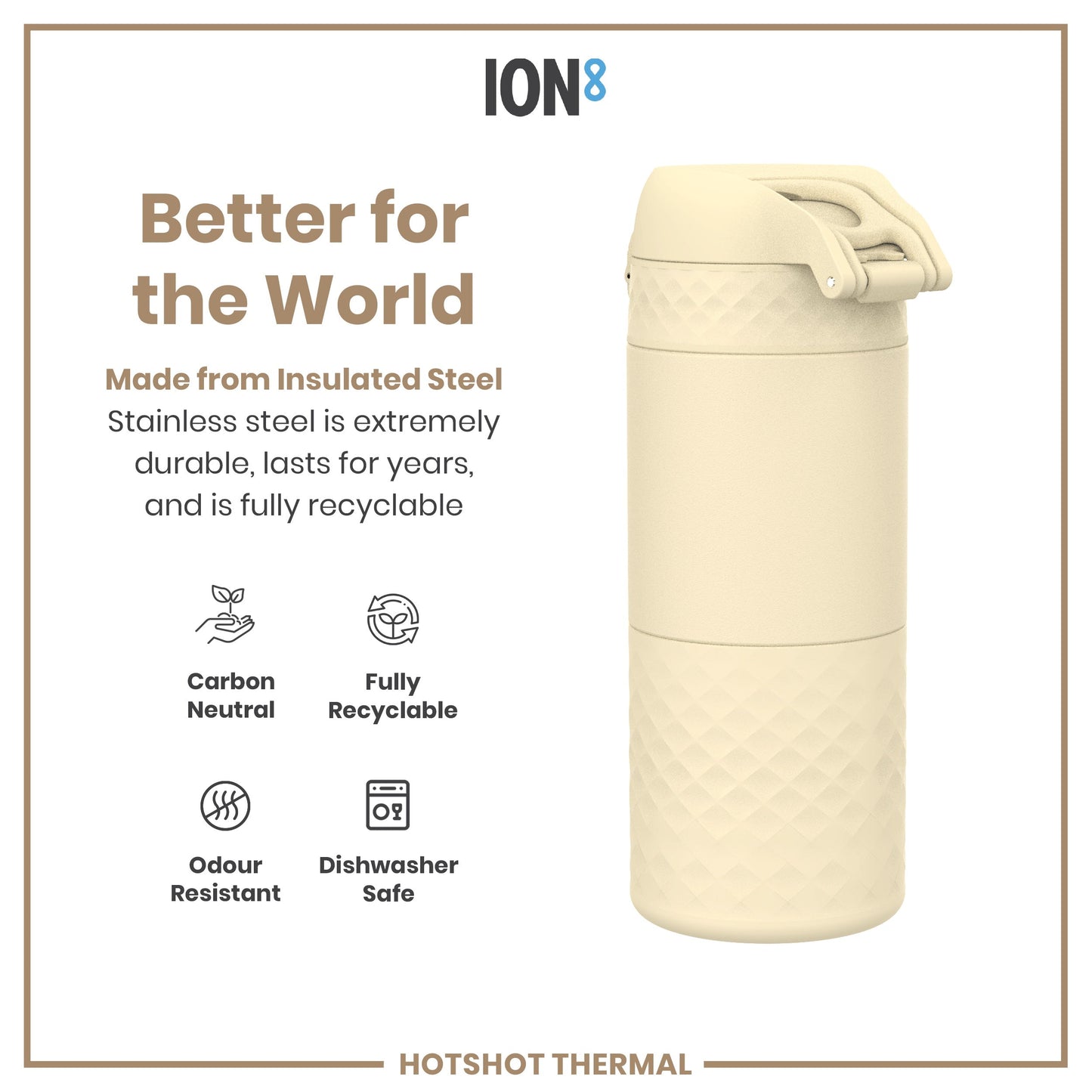 Beige thermos with 'ION8' branding and sustainability features on a white background