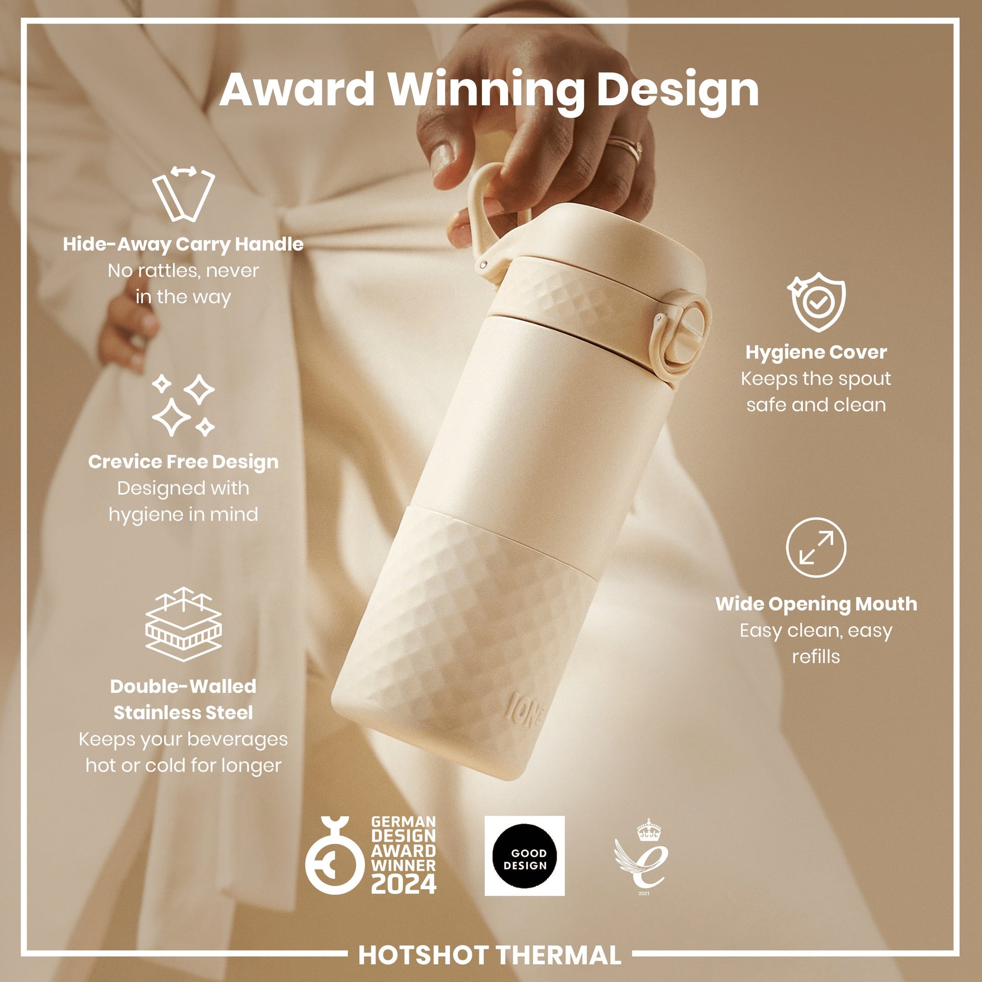 Hotshot Thermal bottle with features highlighted on a beige background