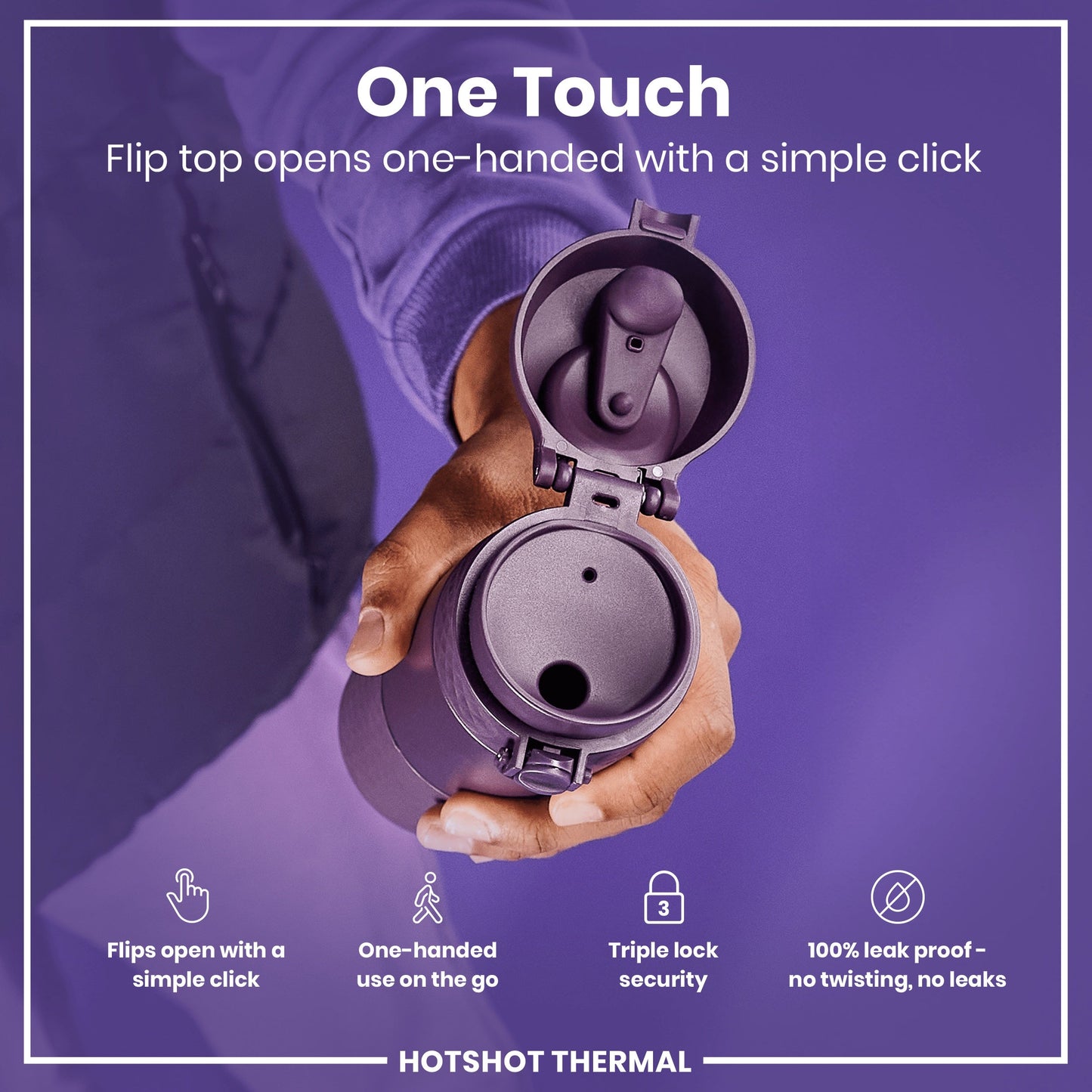Hand holding a purple thermal container with text highlighting features on a purple background