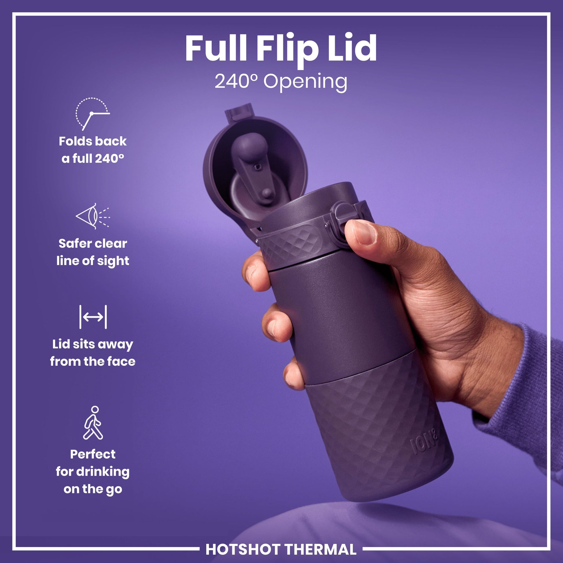 Purple thermal mug with full flip lid held by a hand on a purple background, featuring text and icons about the lid's features.