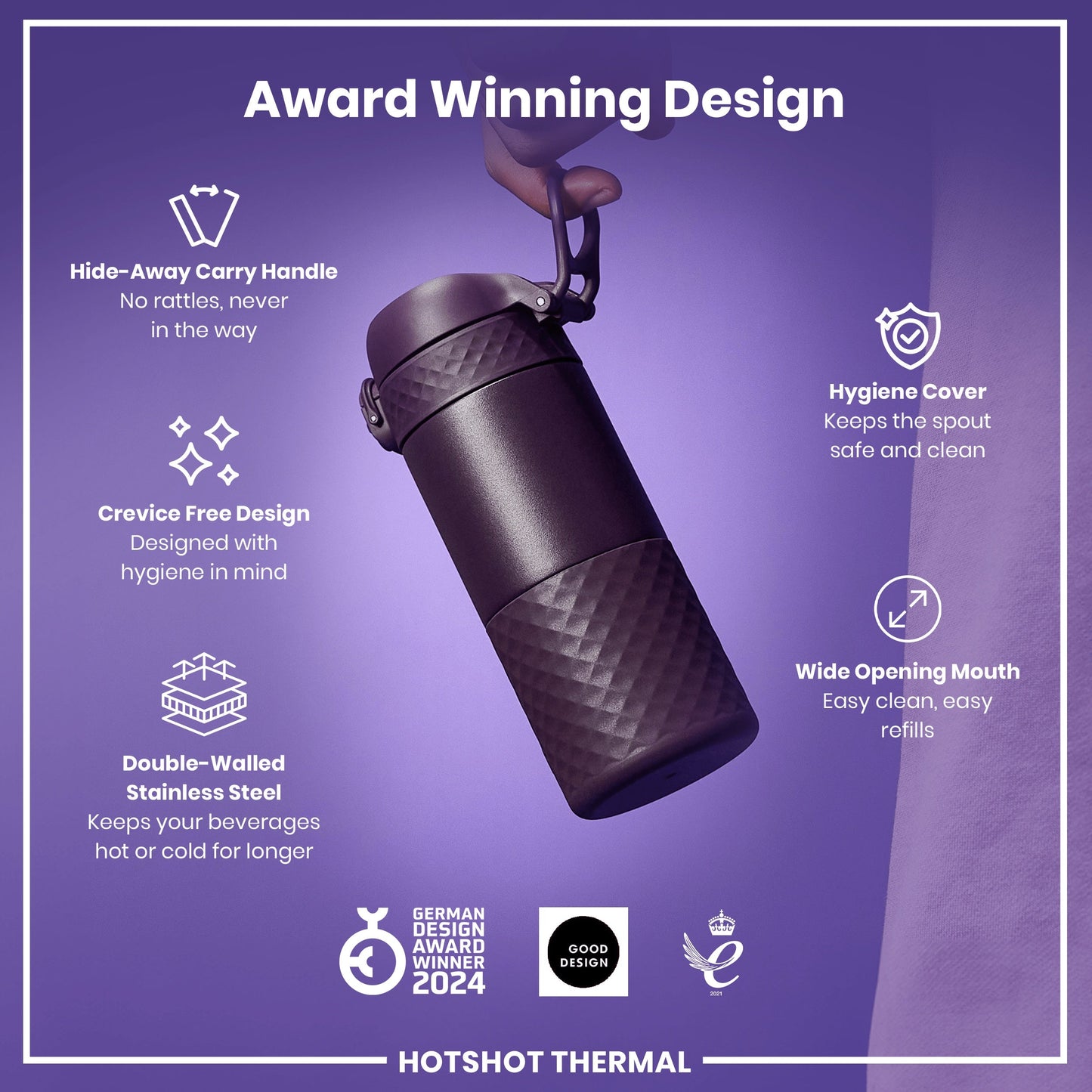 Hotshot Thermal tumbler with award-winning design features on a purple background