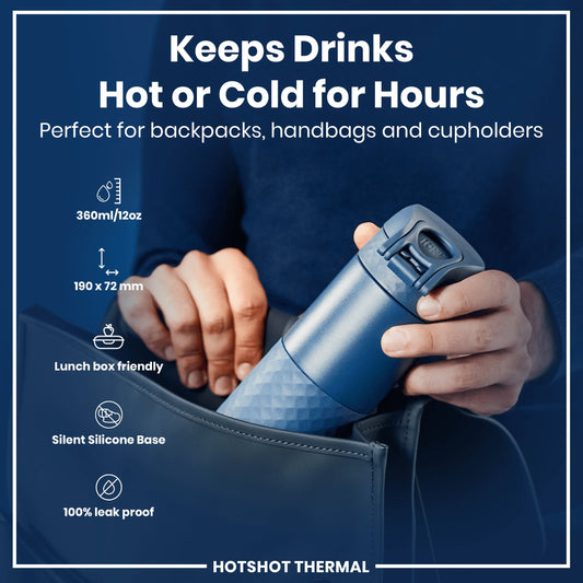Blue thermal mug held by a hand with product features listed on a blue background